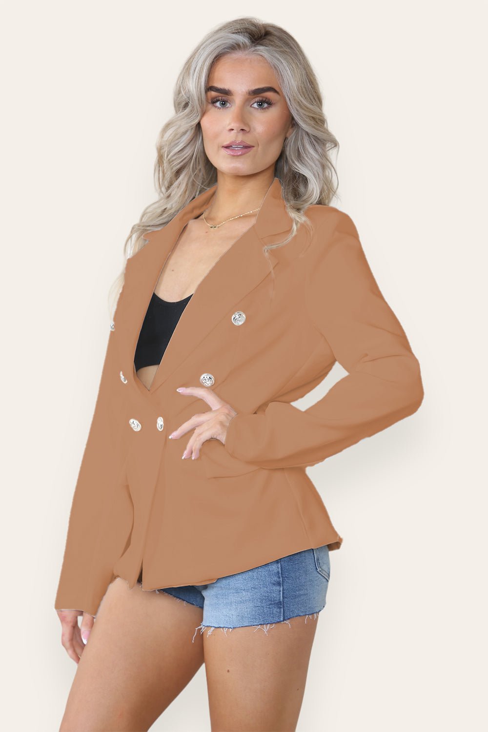 Fitted Lined Double Gold Button Collared Blazer Jacket Jackets & Coats WearAll Camel Small