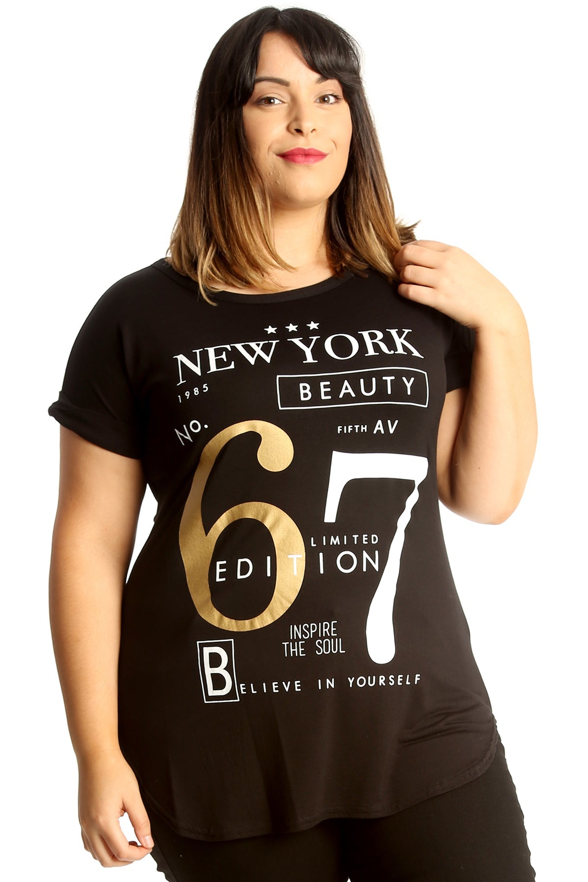 New York Slogan Print Short SleeveT-Shirt Top Tops WearAll Black 14