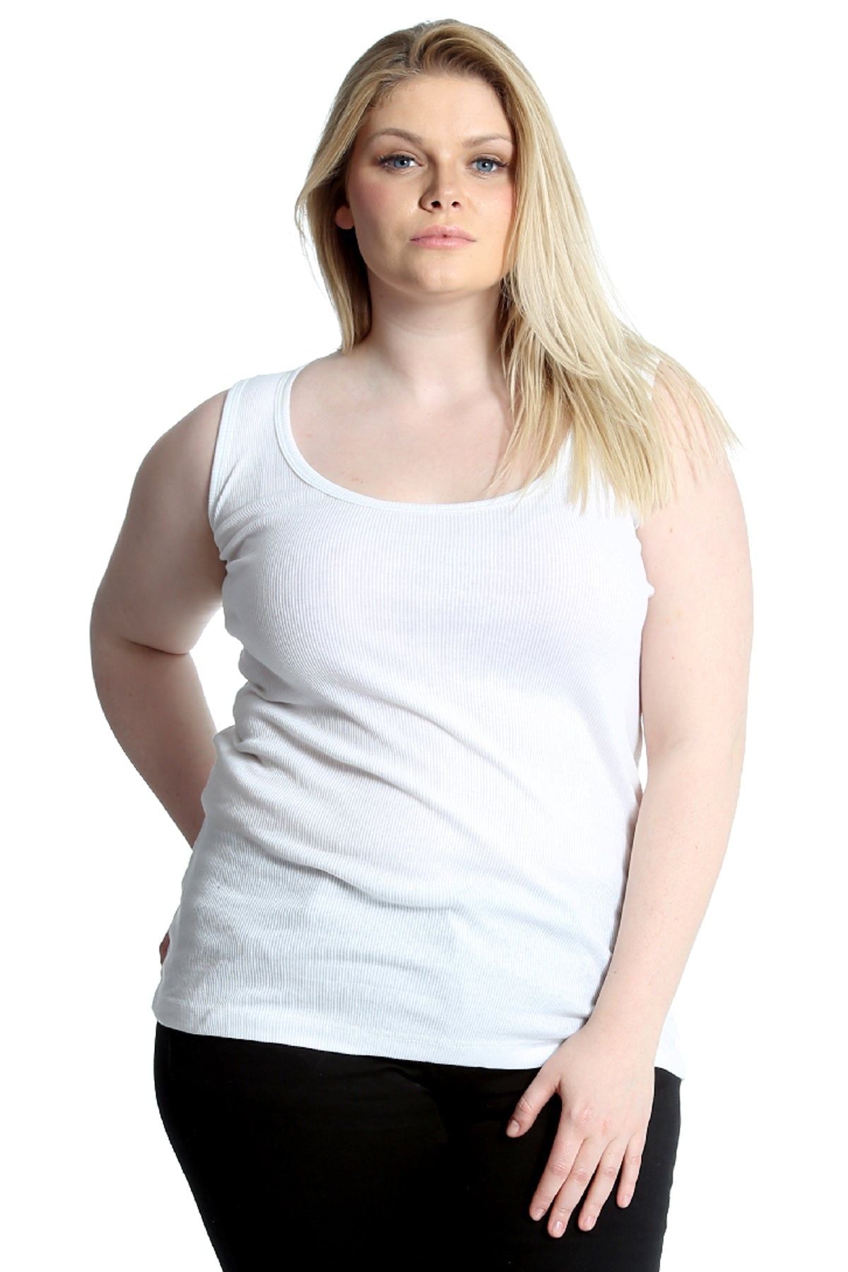 Plain Ribbed Neck Vest Top Tops WearAll White 14