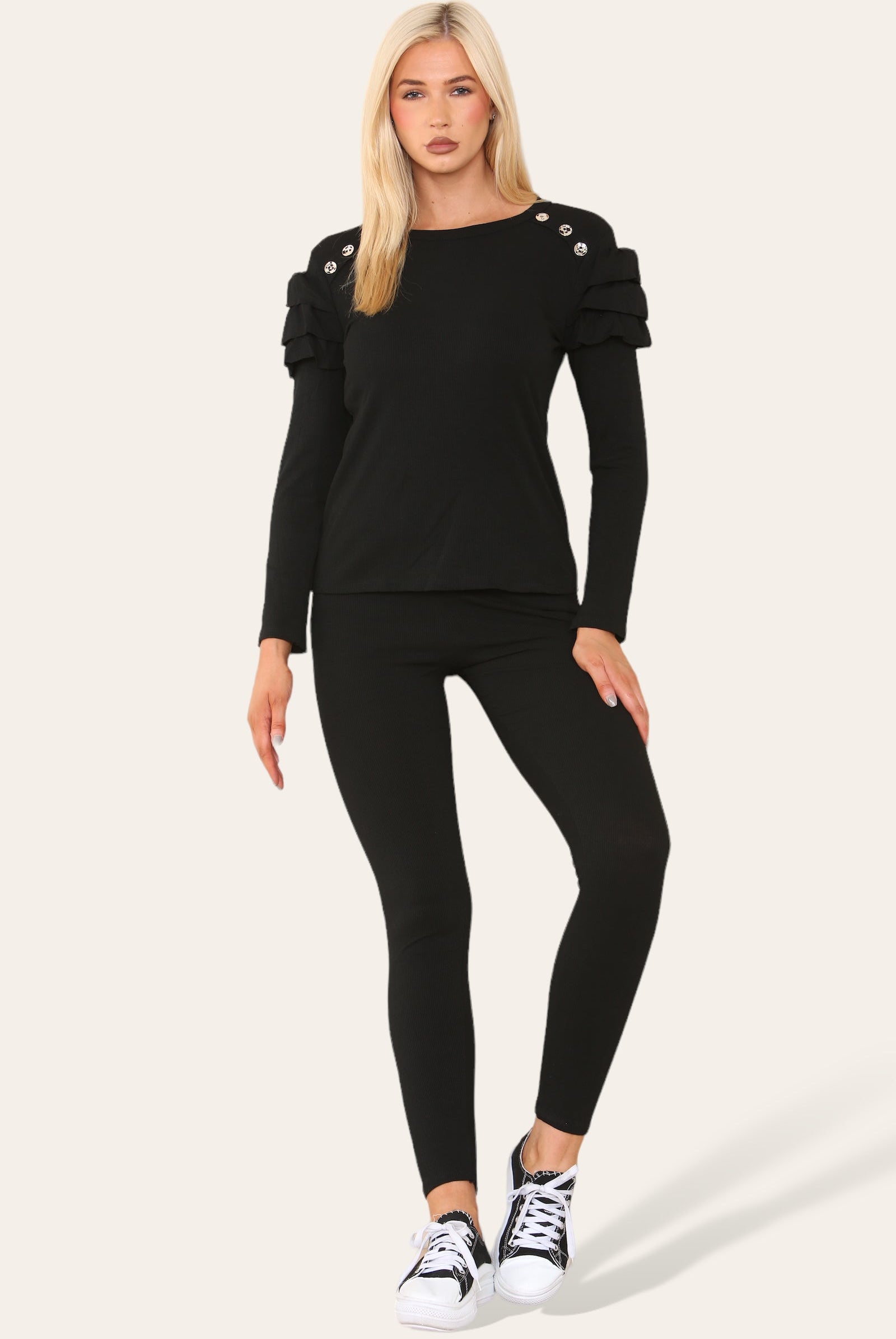 Frilled Sleeves Set Shoulder Golden Button Lounge Wear Suit Loungewear WearAll Black 6-8