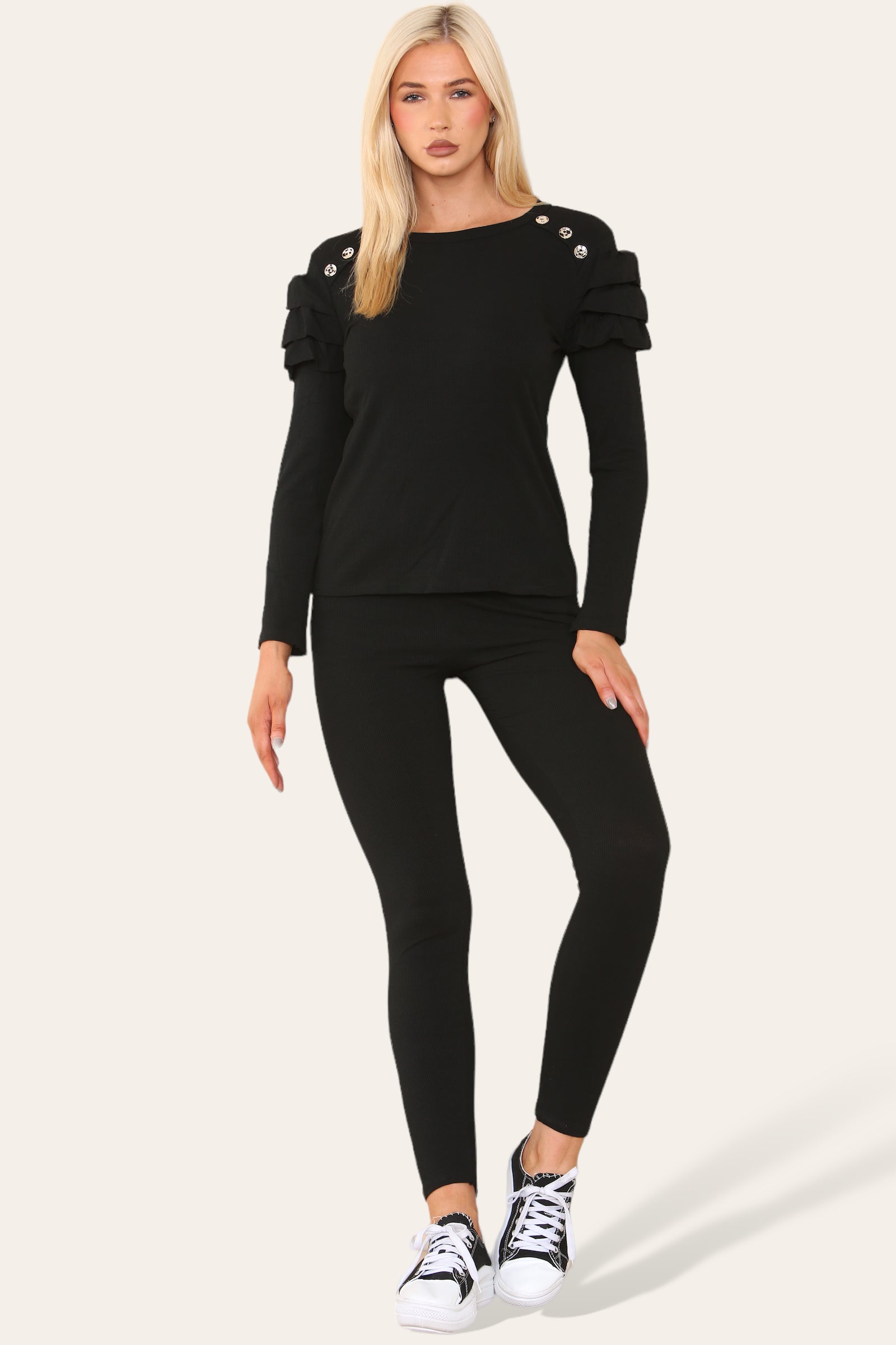 Frilled Sleeves Set Shoulder Golden Button Lounge Wear Suit Loungewear WearAll Black 6-8