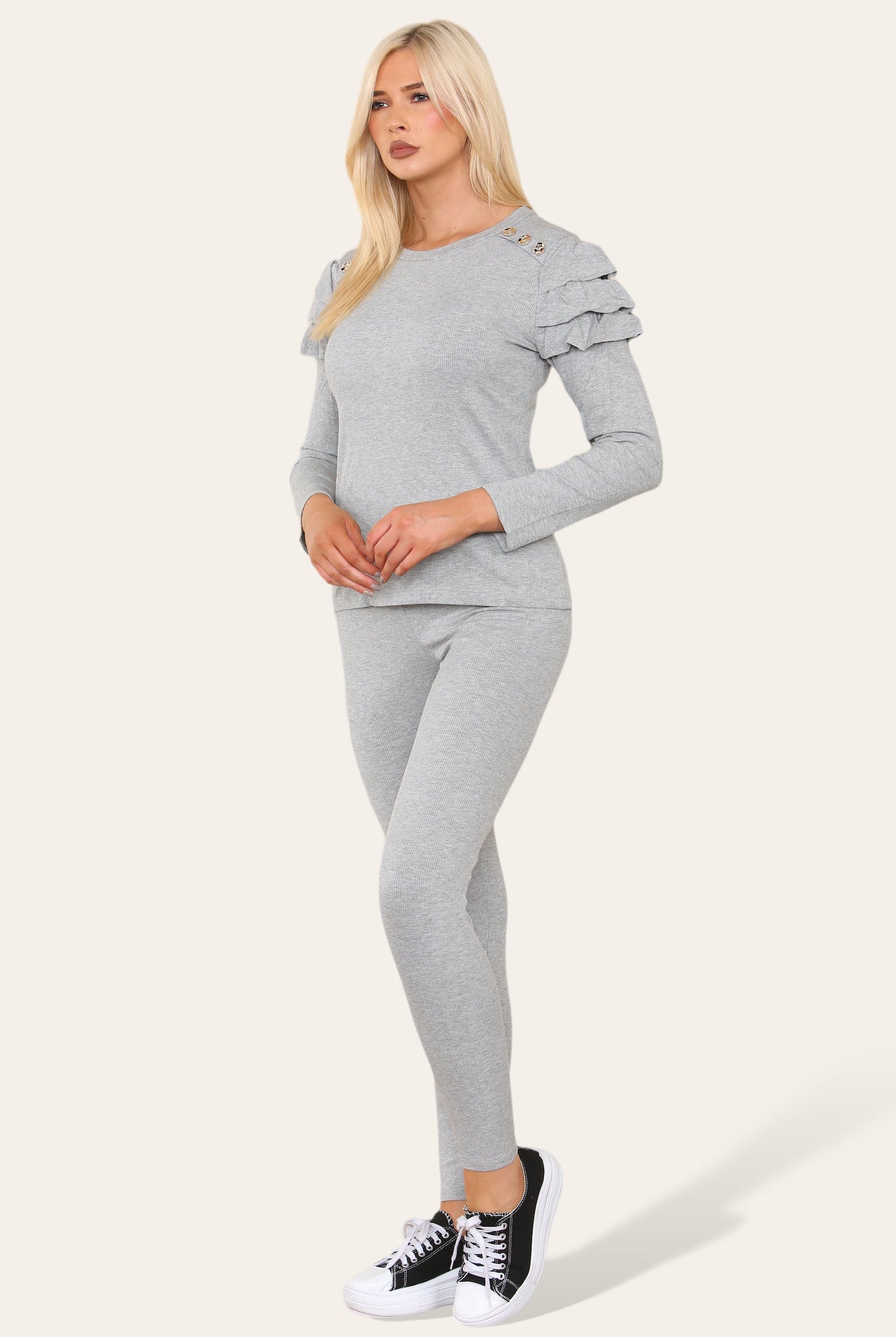 Frilled Sleeves Set Shoulder Golden Button Lounge Wear Suit Loungewear WearAll