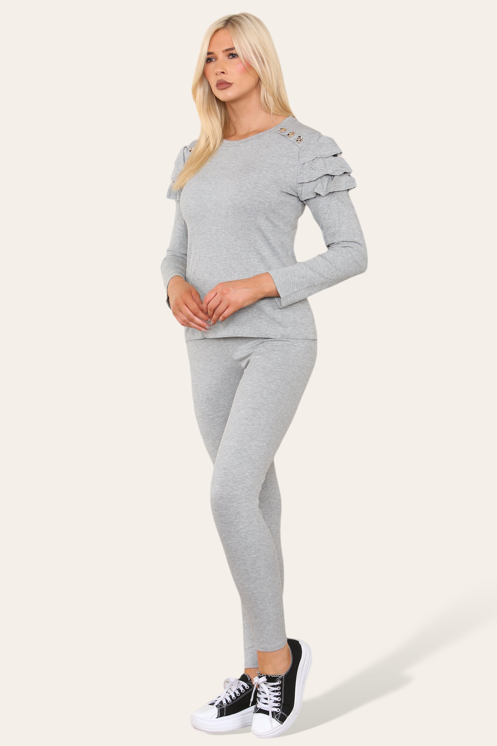 Frilled Sleeves Set Shoulder Golden Button Lounge Wear Suit Loungewear WearAll