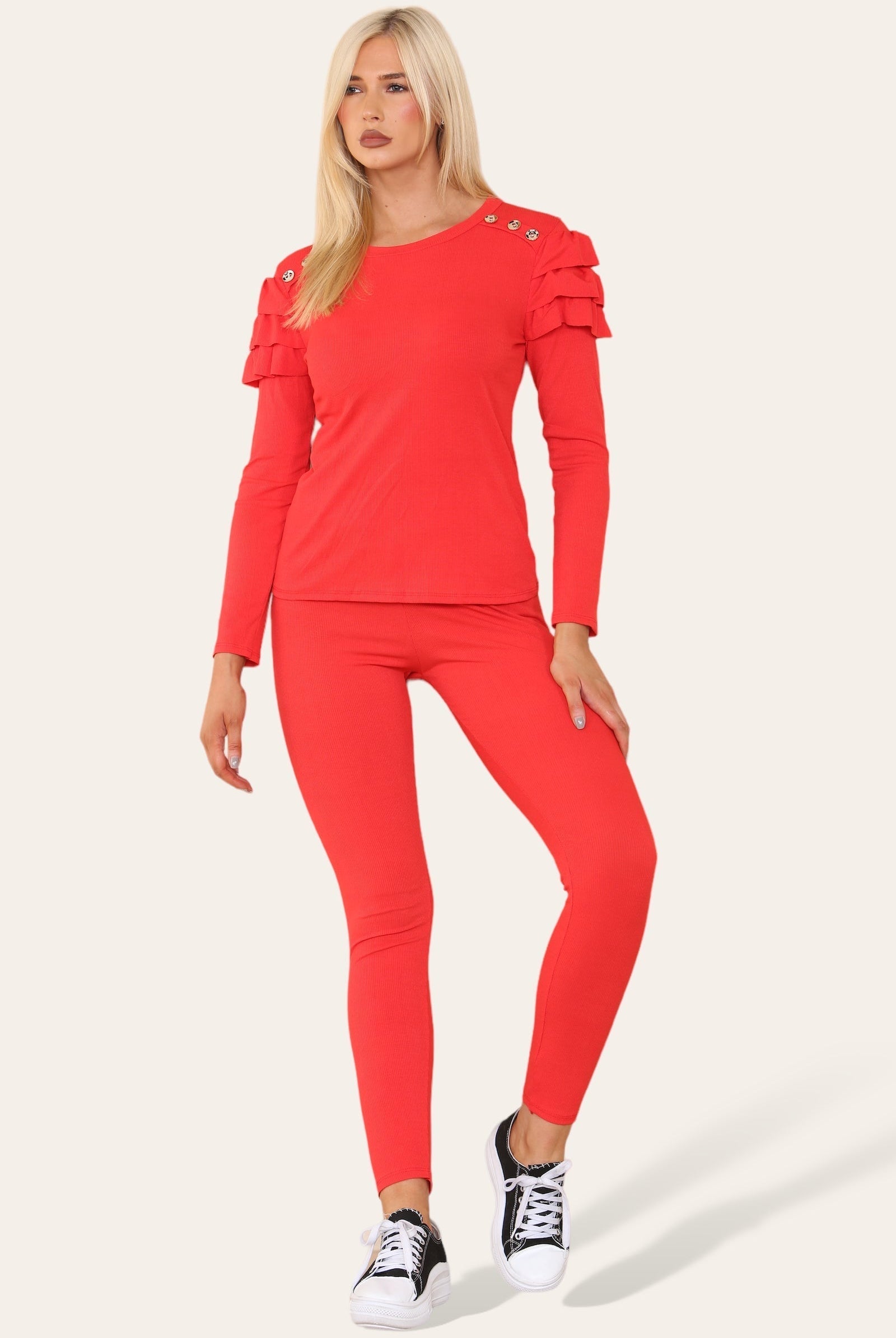 Frilled Sleeves Set Shoulder Golden Button Lounge Wear Suit Loungewear WearAll Red 6-8