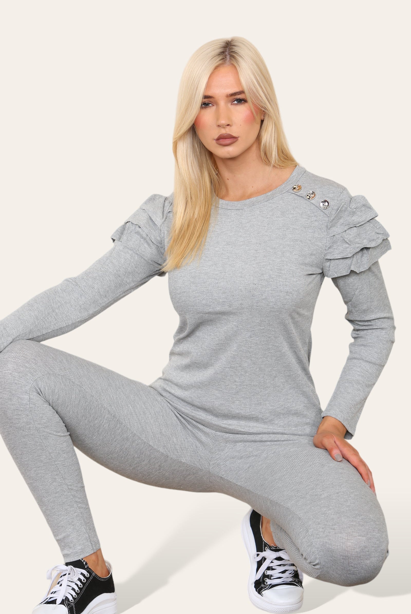 Frilled Sleeves Set Shoulder Golden Button Lounge Wear Suit Loungewear WearAll