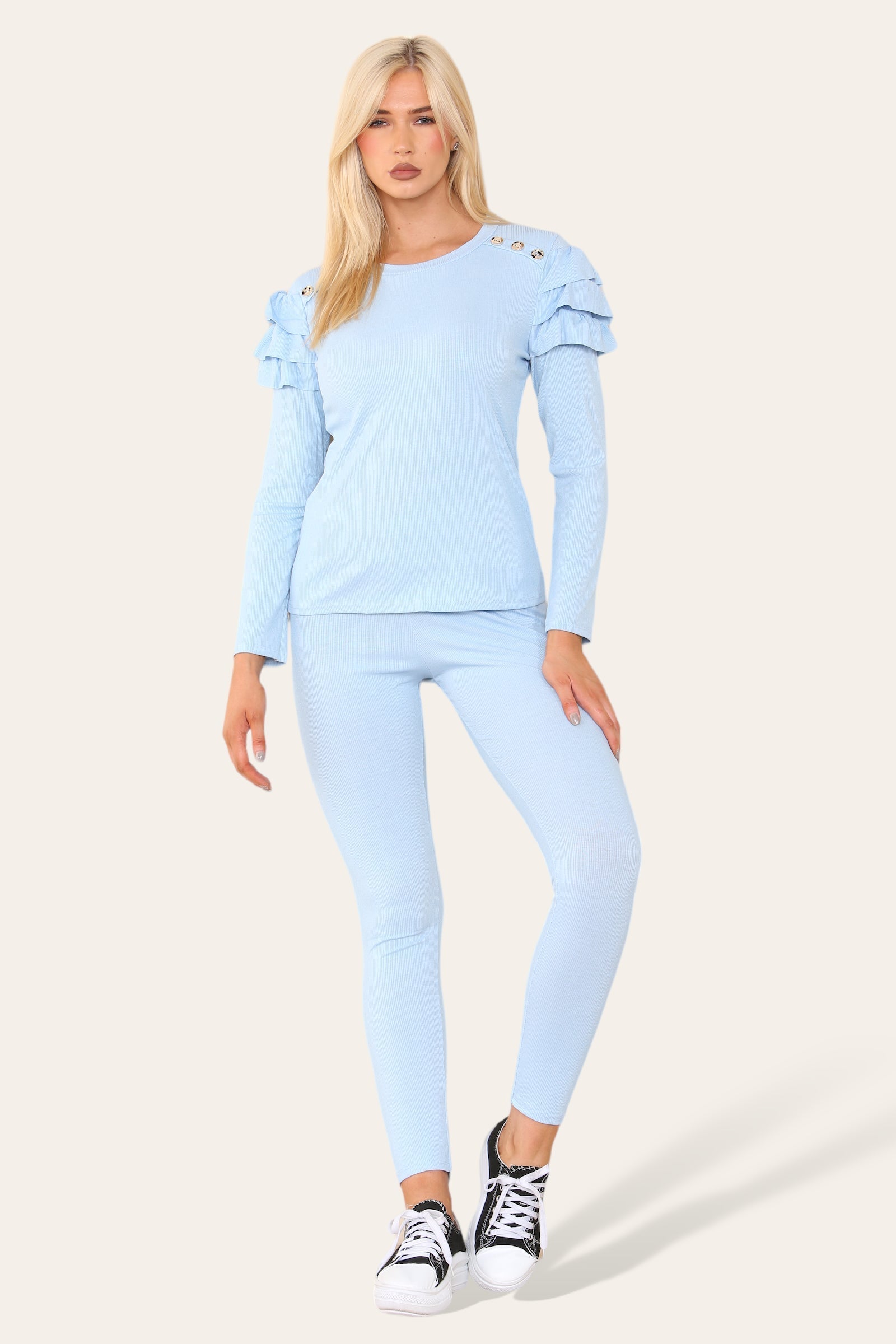 Frilled Sleeves Set Shoulder Golden Button Lounge Wear Suit Loungewear WearAll Sky Blue 6-8