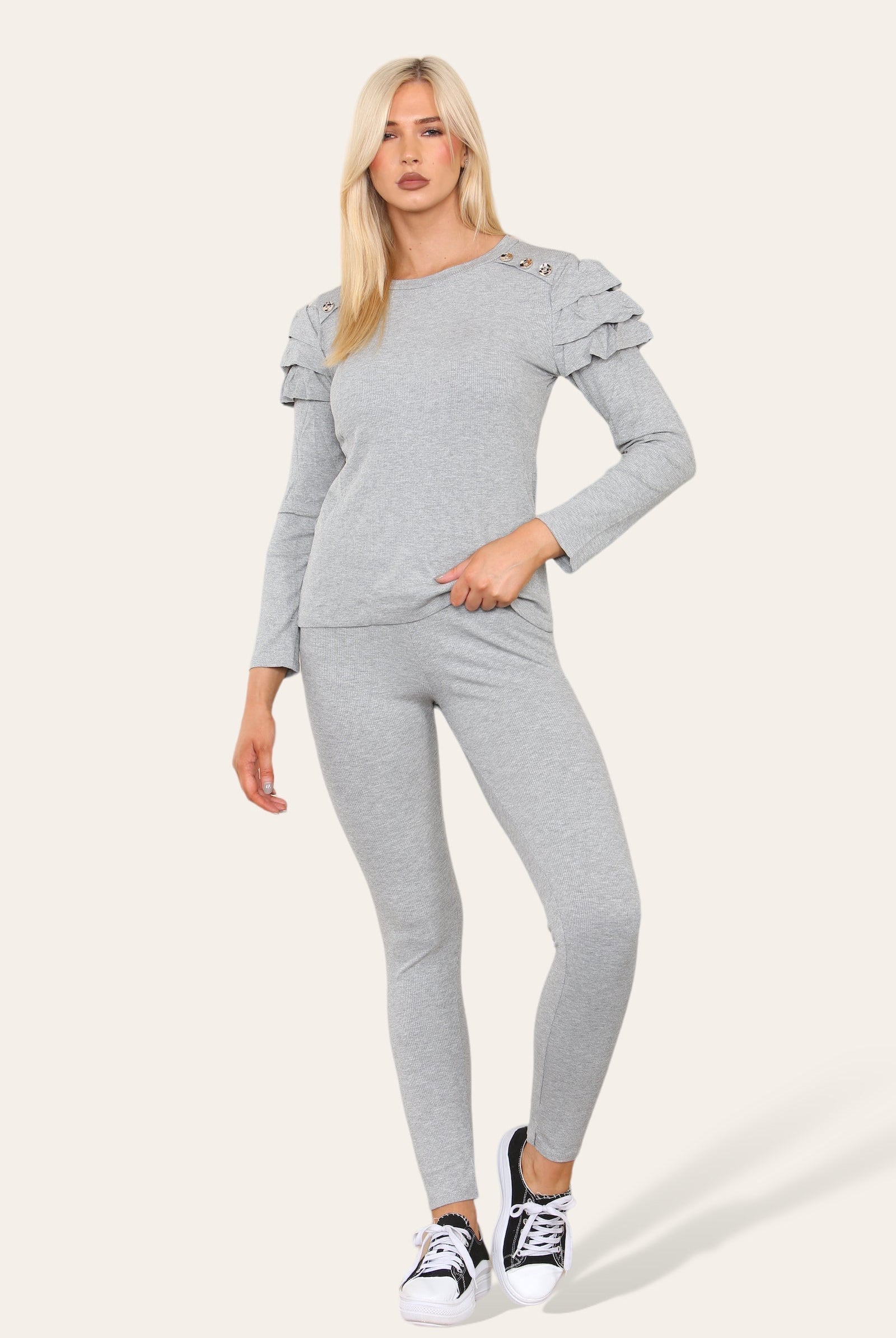 Frilled Sleeves Set Shoulder Golden Button Lounge Wear Suit Loungewear WearAll Grey 6-8