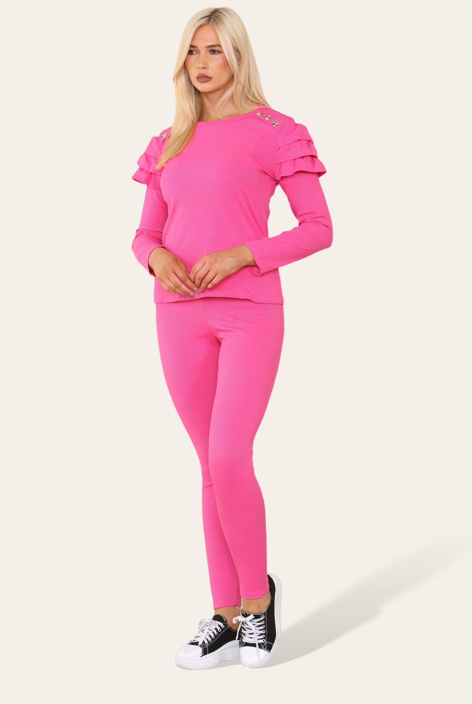 Frilled Sleeves Set Shoulder Golden Button Lounge Wear Suit Loungewear WearAll