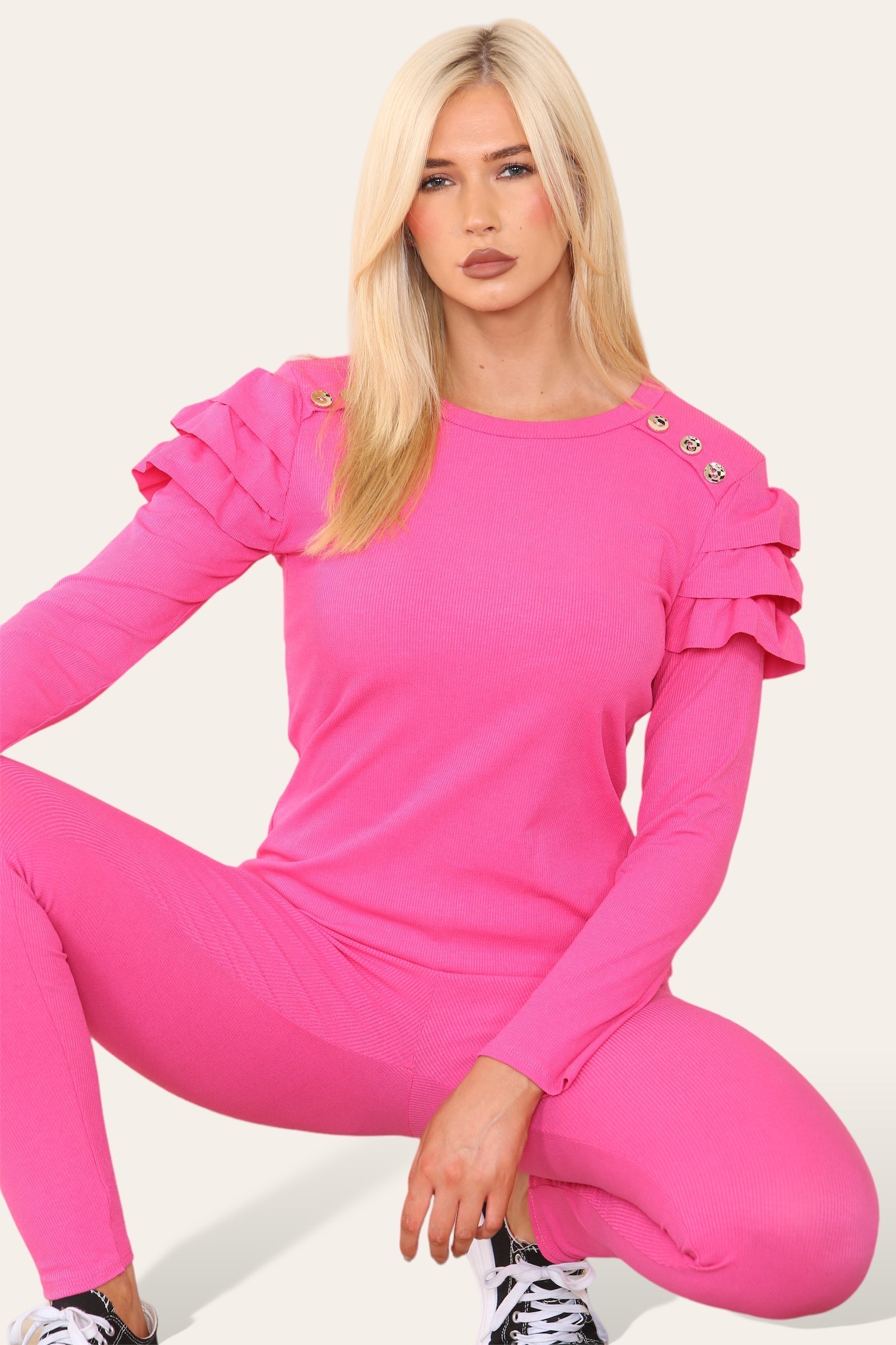 Frilled Sleeves Set Shoulder Golden Button Lounge Wear Suit Loungewear WearAll