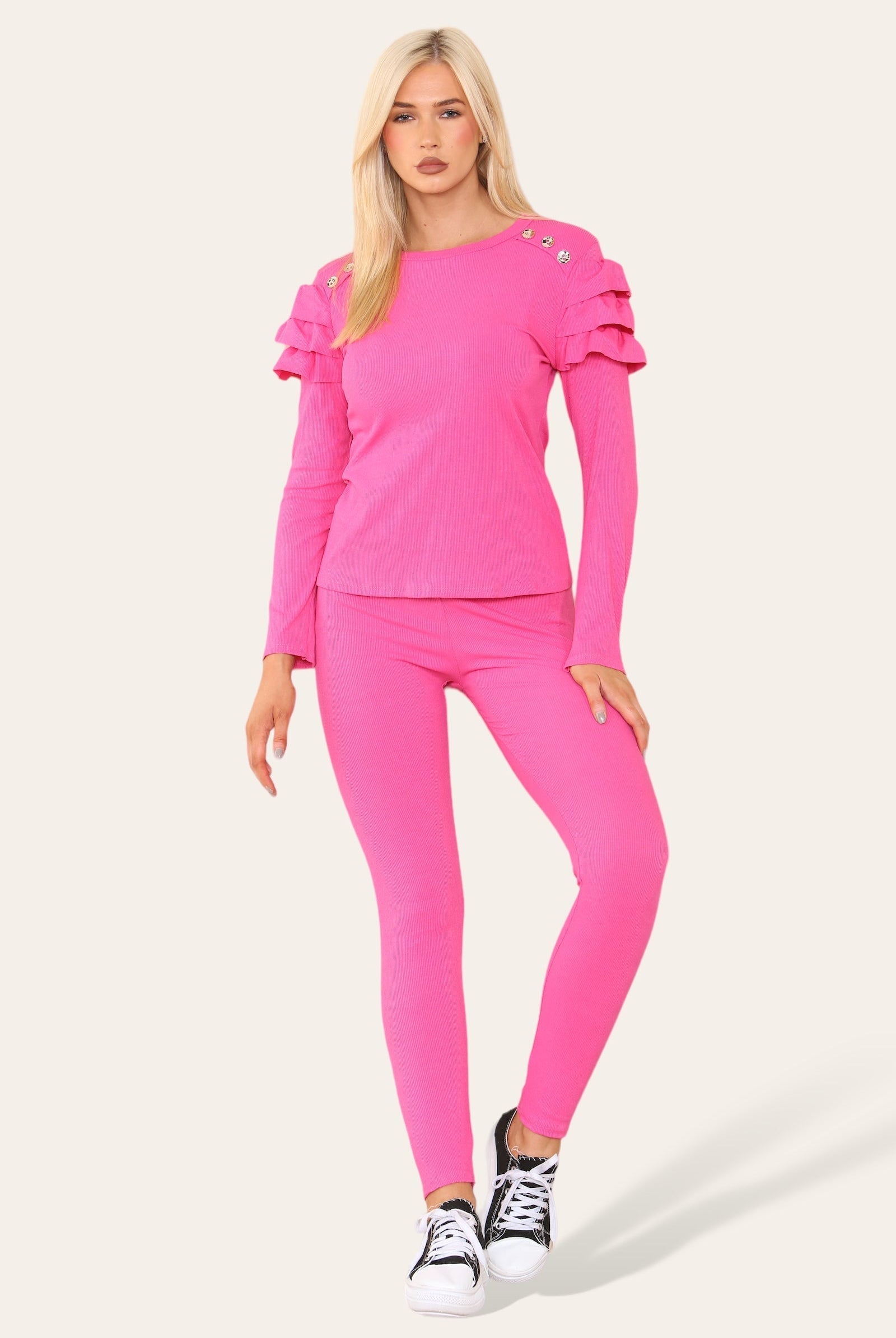 Frilled Sleeves Set Shoulder Golden Button Lounge Wear Suit Loungewear WearAll Fuchsia 6-8