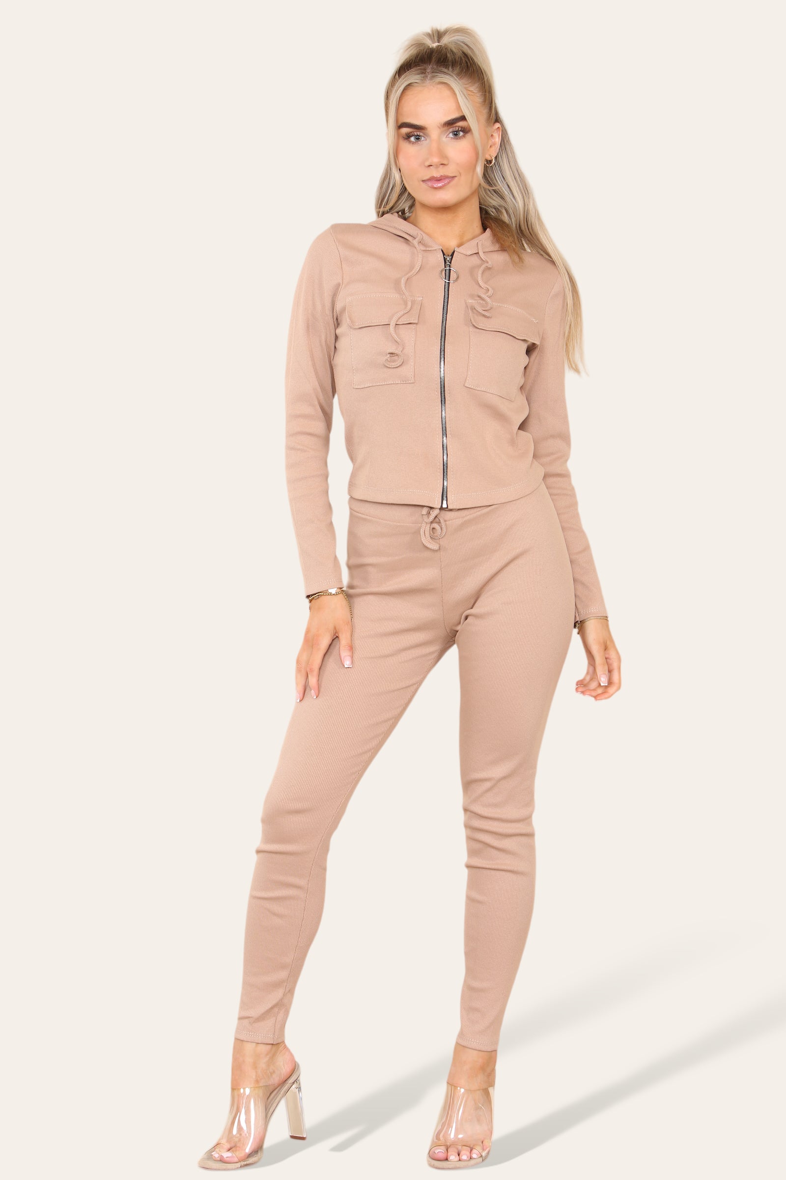 Front Pocket Zip Suit Ribbed Hooded Lounge Wear Set Hoodies & Pullover WearAll Mocha 6-8