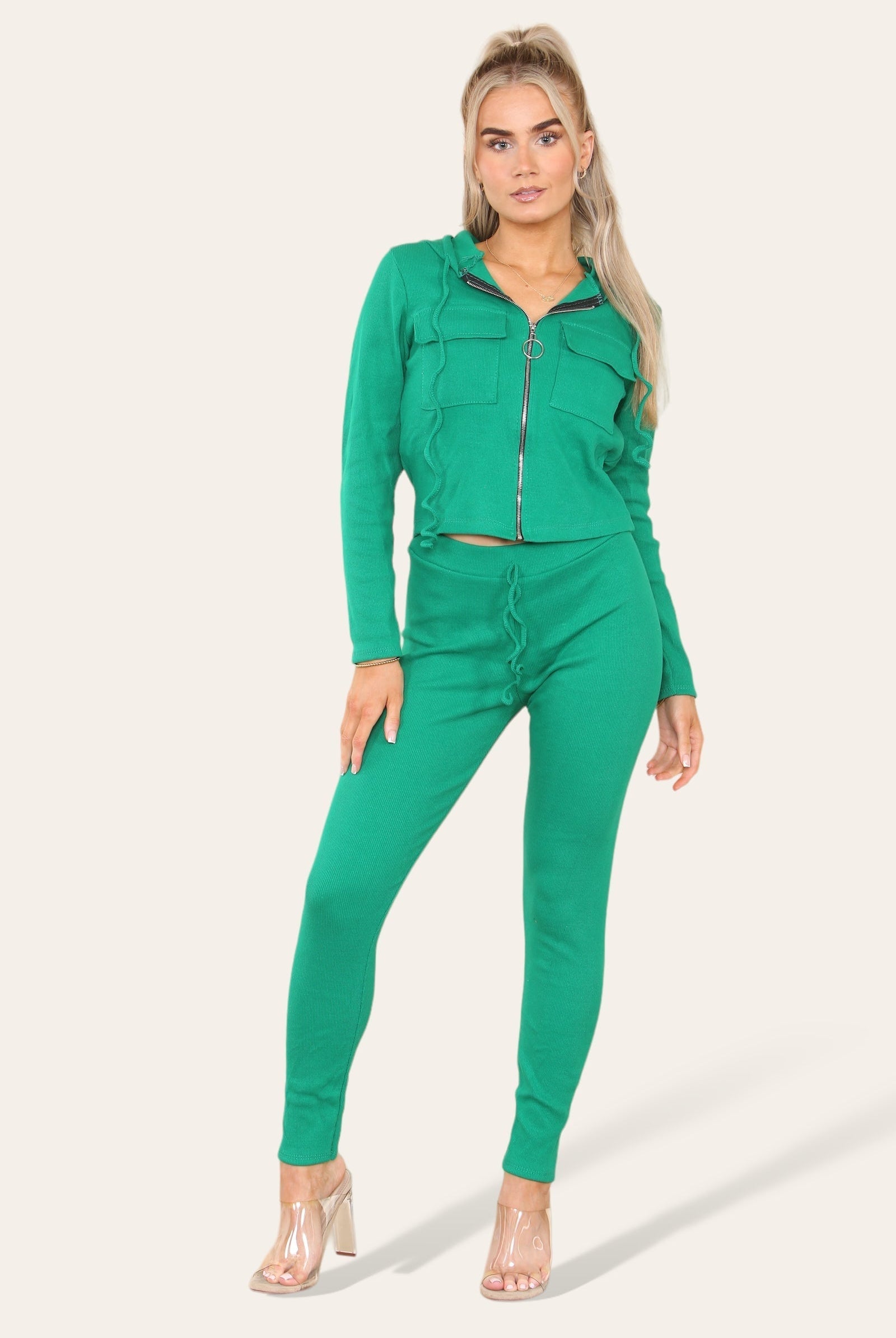 Front Pocket Zip Suit Ribbed Hooded Lounge Wear Set Hoodies & Pullover WearAll