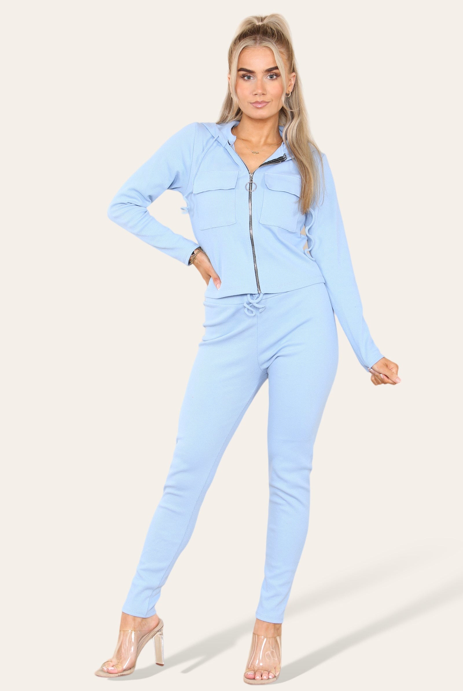 Front Pocket Zip Suit Ribbed Hooded Lounge Wear Set Hoodies & Pullover WearAll Sky Blue 6-8