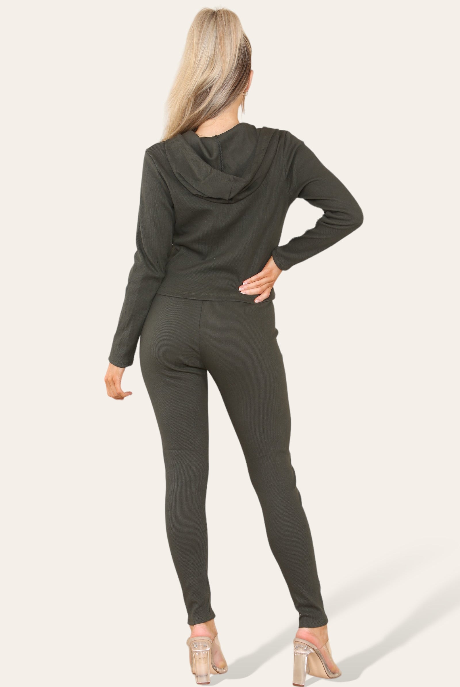 Front Pocket Zip Suit Ribbed Hooded Lounge Wear Set Hoodies & Pullover WearAll