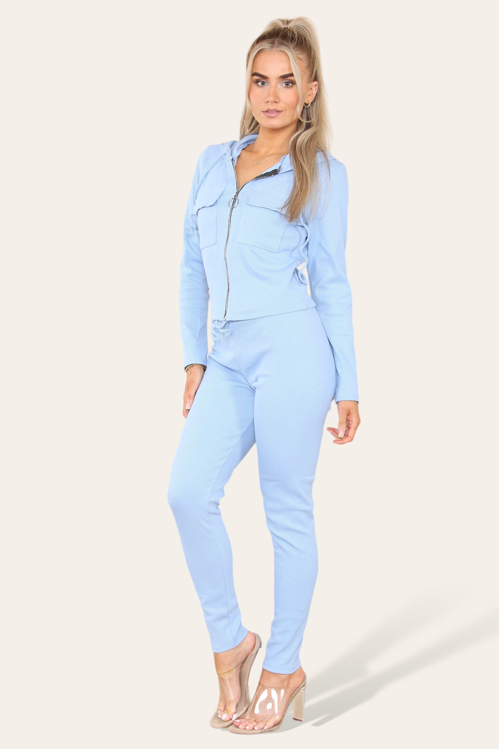 Front Pocket Zip Suit Ribbed Hooded Lounge Wear Set Hoodies & Pullover WearAll