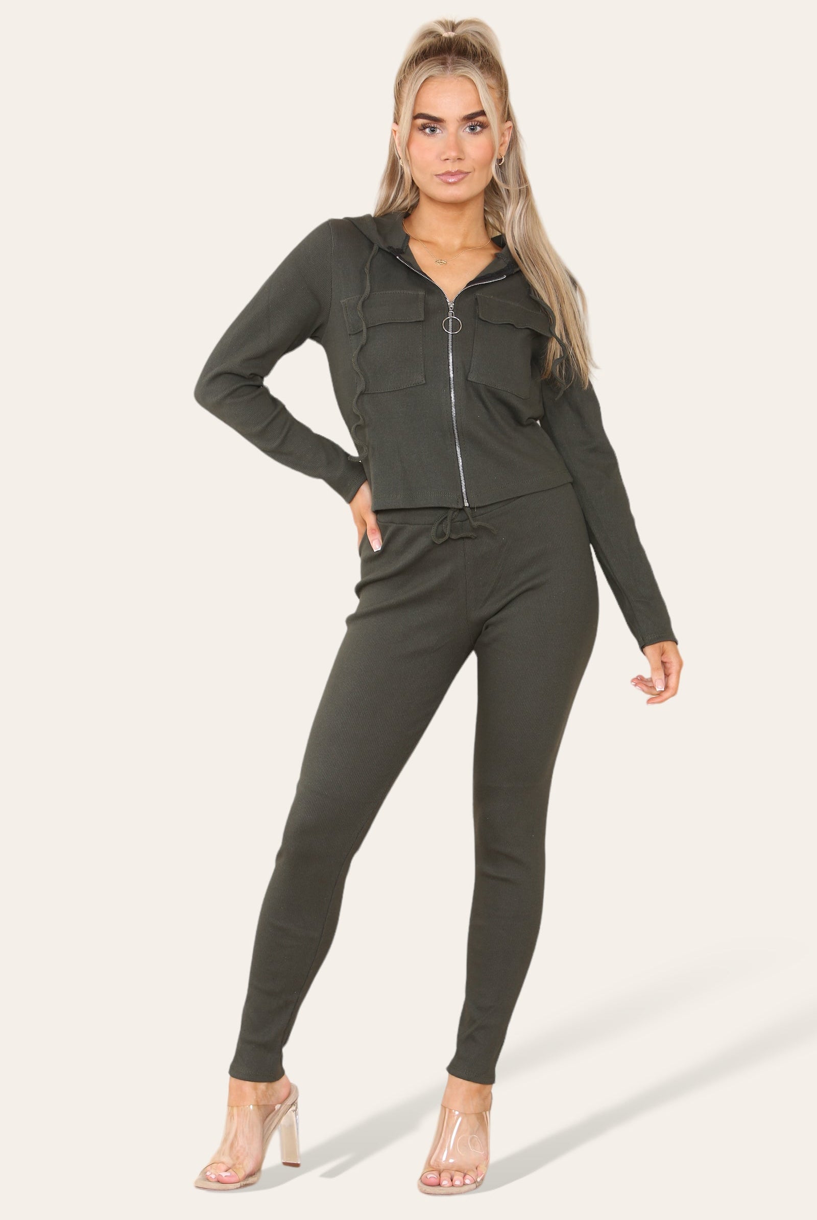Front Pocket Zip Suit Ribbed Hooded Lounge Wear Set Hoodies & Pullover WearAll