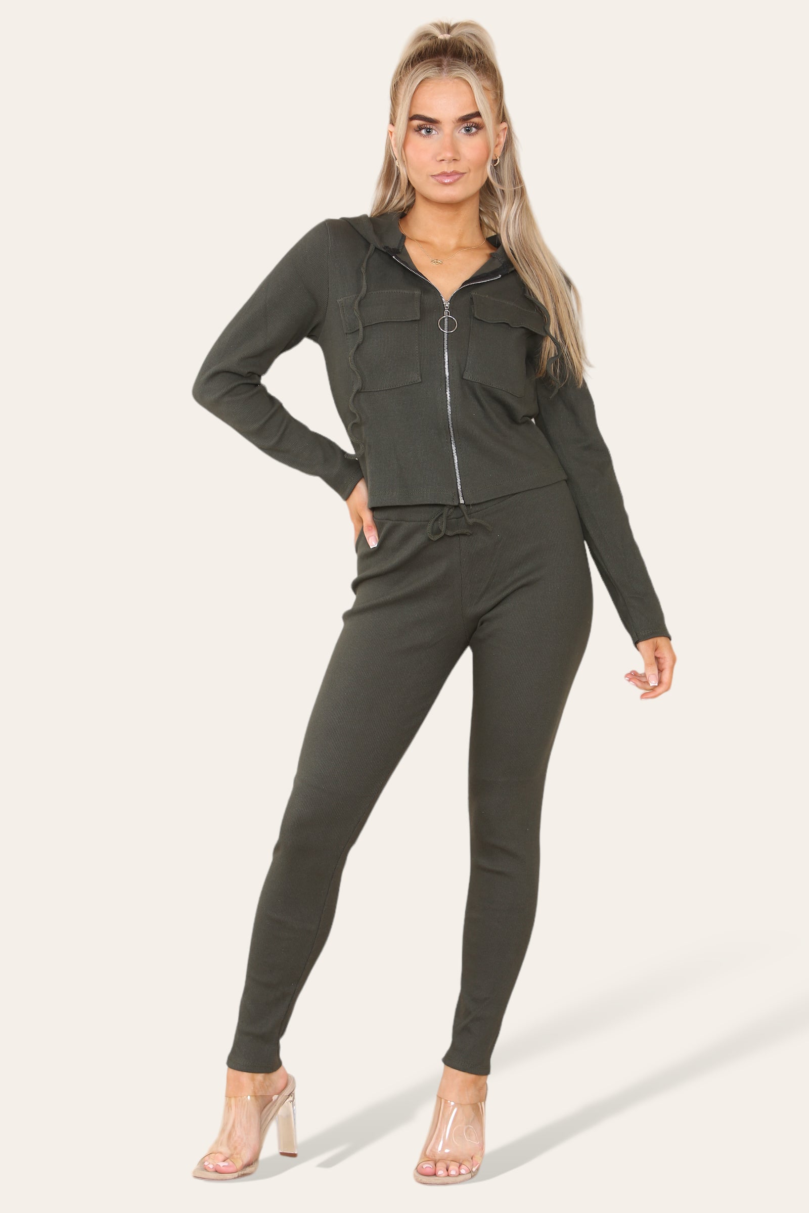 Front Pocket Zip Suit Ribbed Hooded Lounge Wear Set Hoodies & Pullover WearAll