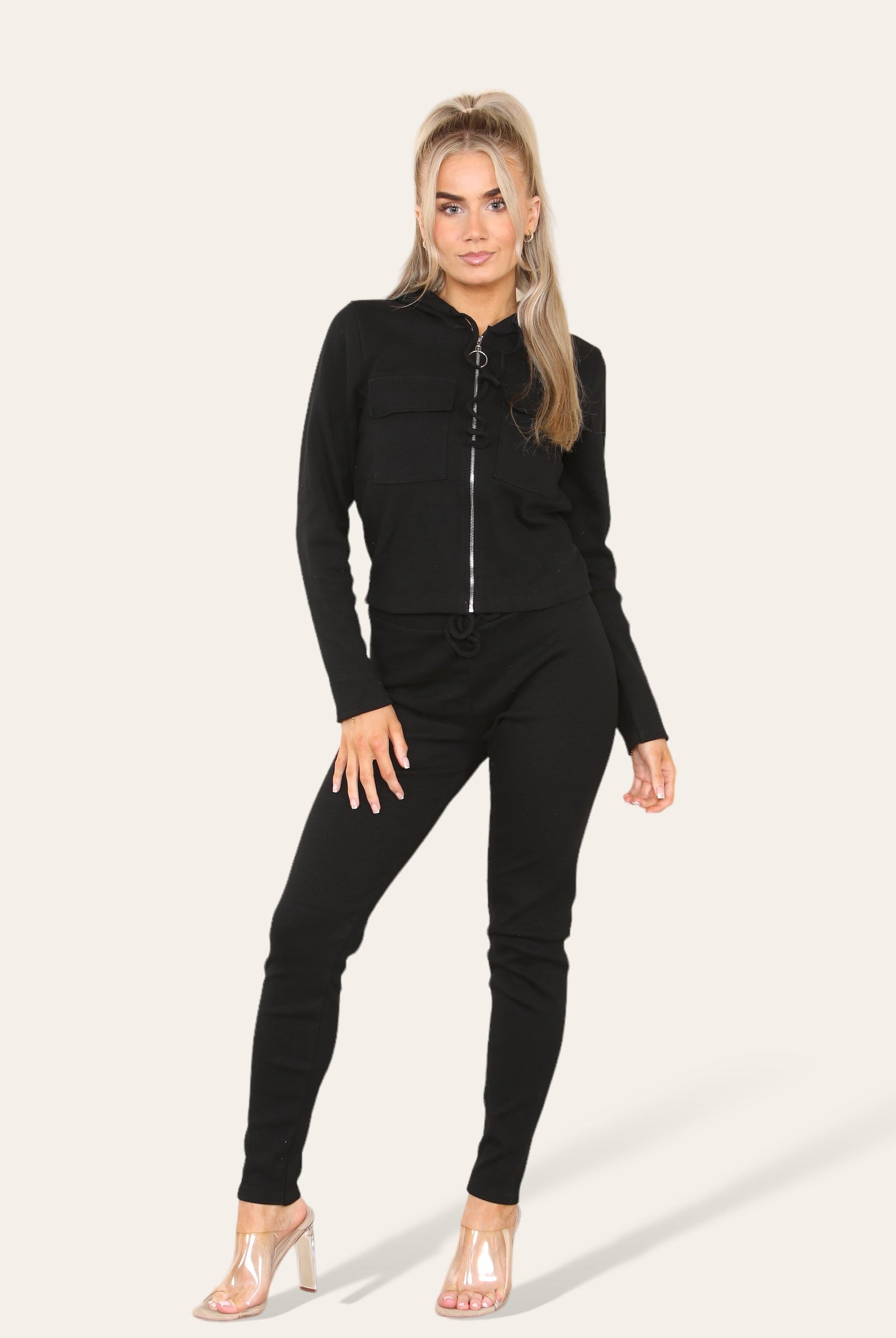Front Pocket Zip Suit Ribbed Hooded Lounge Wear Set Hoodies & Pullover WearAll Black 6-8