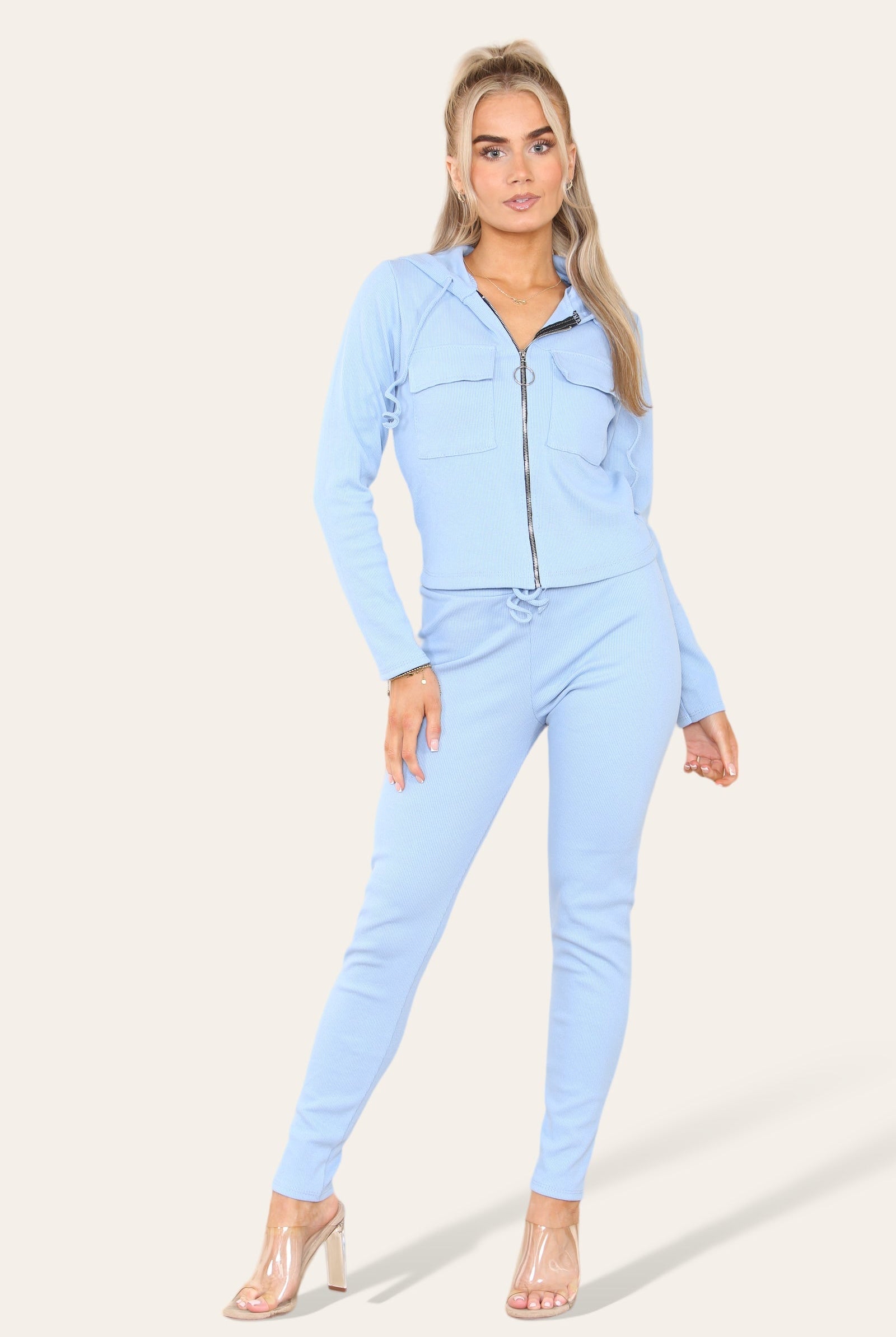 Front Pocket Zip Suit Ribbed Hooded Lounge Wear Set Hoodies & Pullover WearAll