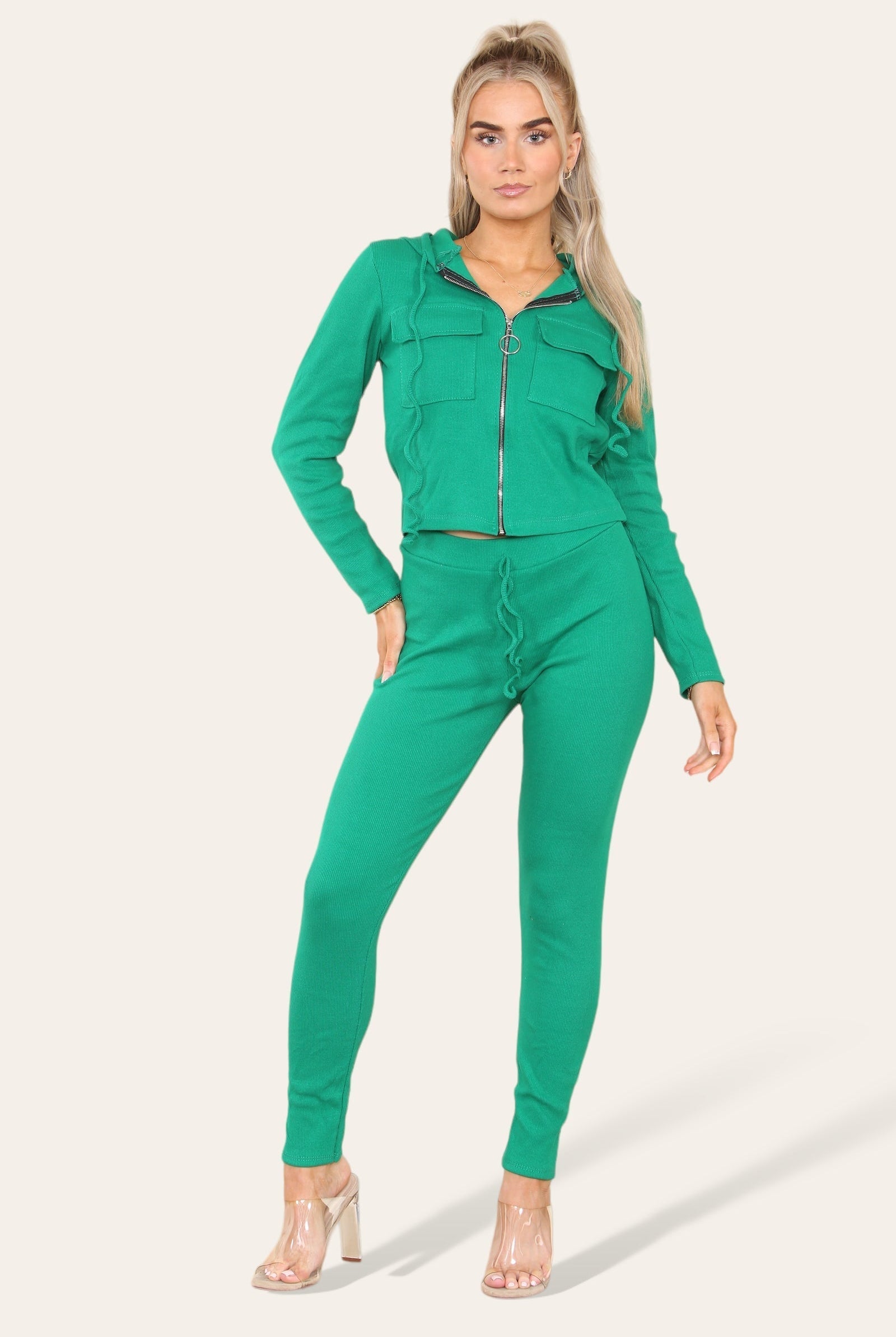 Front Pocket Zip Suit Ribbed Hooded Lounge Wear Set Hoodies & Pullover WearAll Green 6-8