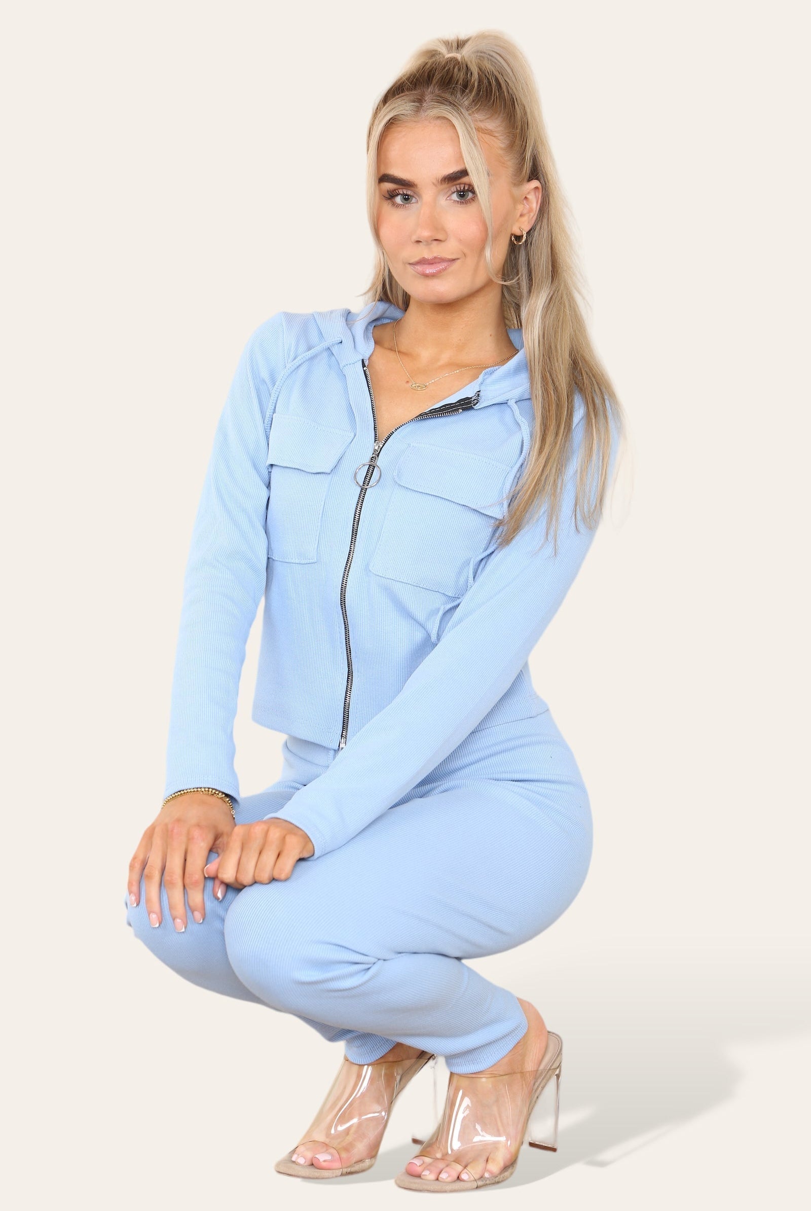 Front Pocket Zip Suit Ribbed Hooded Lounge Wear Set Hoodies & Pullover WearAll