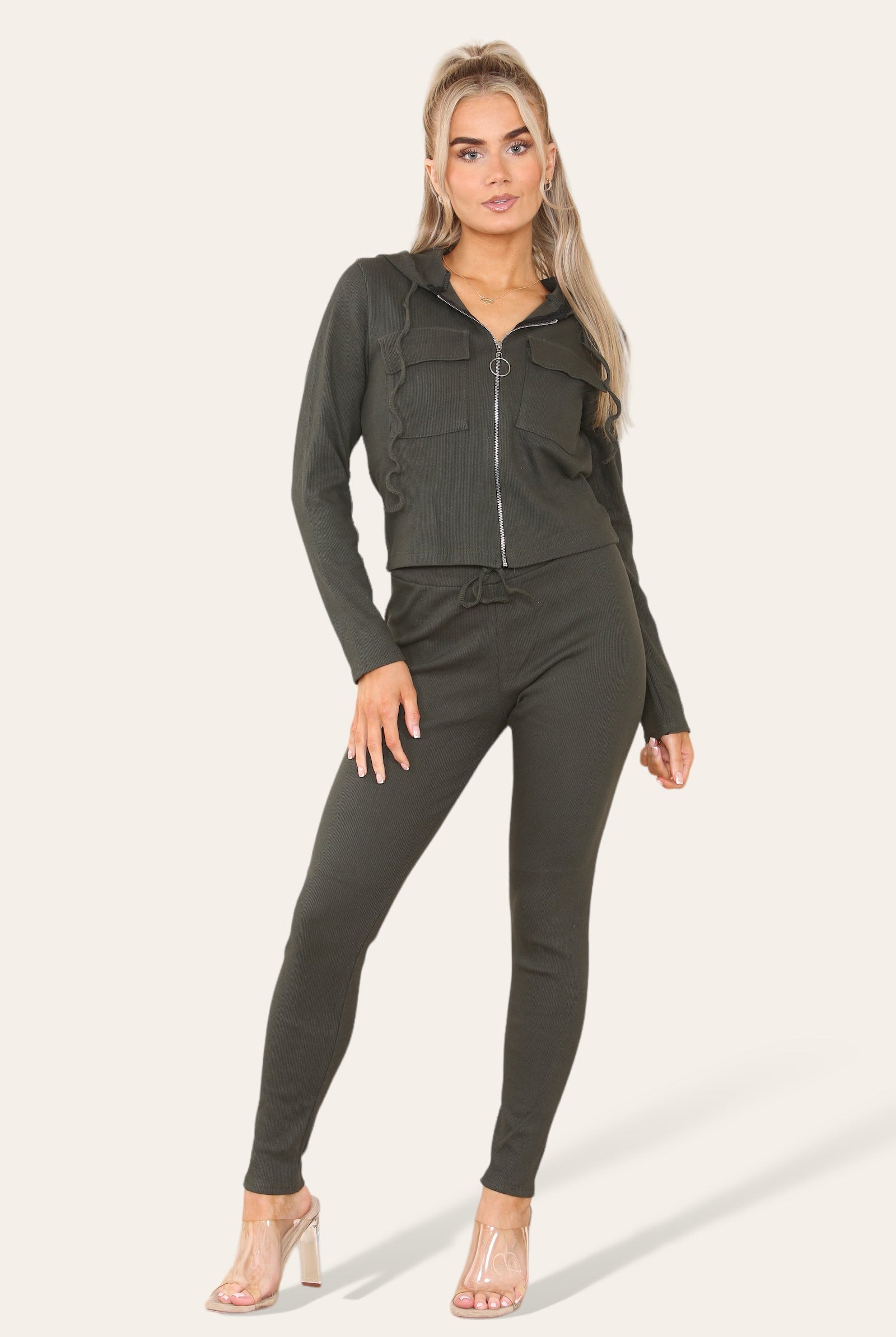 Front Pocket Zip Suit Ribbed Hooded Lounge Wear Set Hoodies & Pullover WearAll Charcoal 6-8