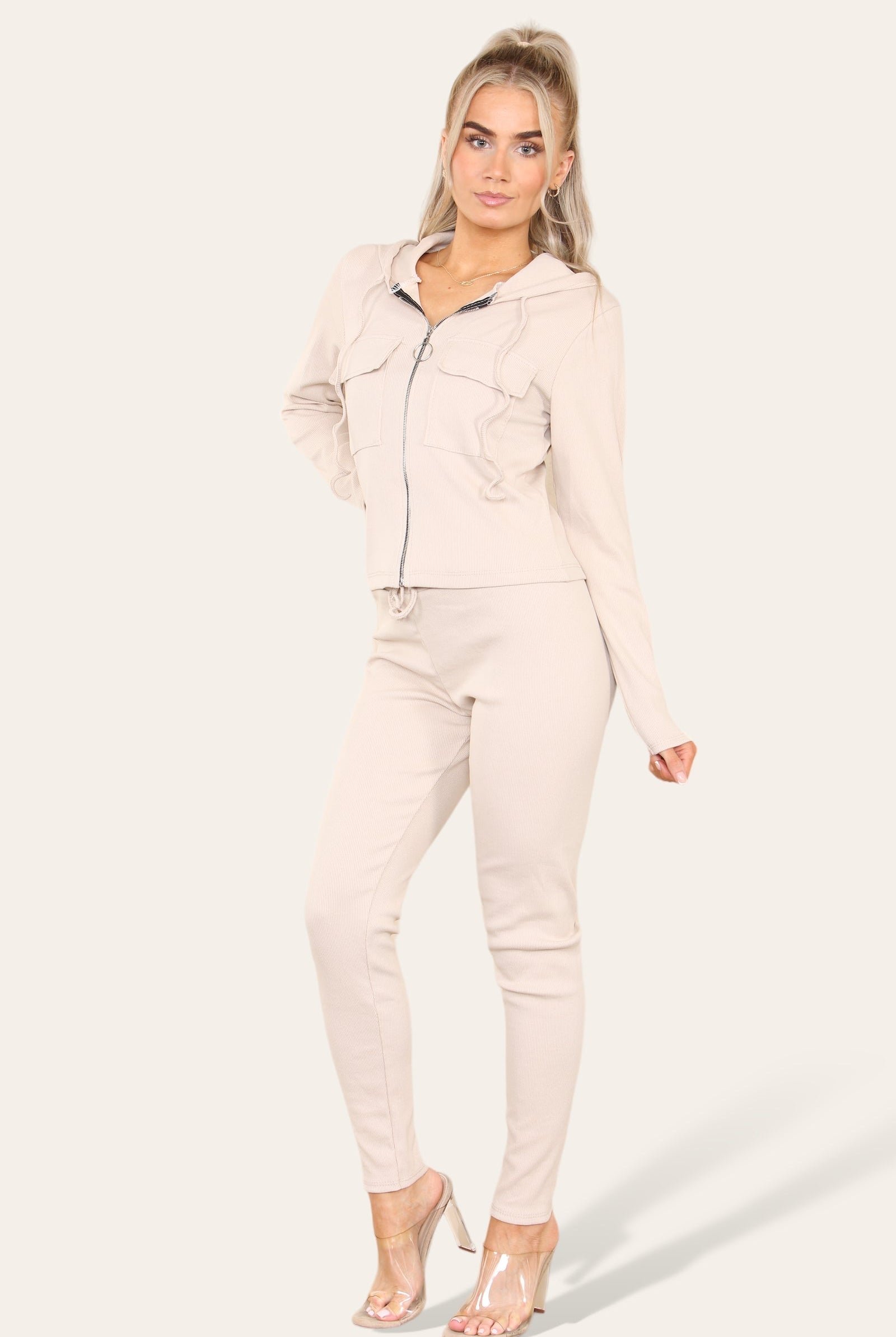 Front Pocket Zip Suit Ribbed Hooded Lounge Wear Set Hoodies & Pullover WearAll