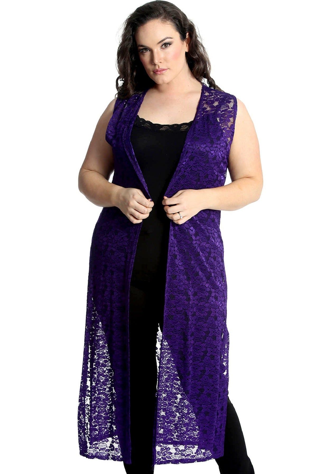 Floral Lace Open Top Long Cardigan Tops WearAll