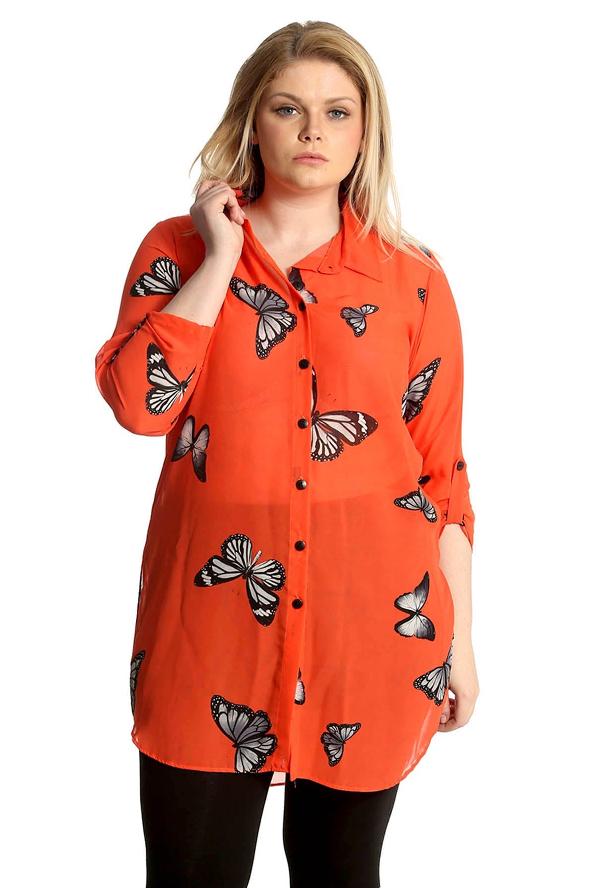 Butterfly Print Side Slit Curved Hem Top Tops WearAll