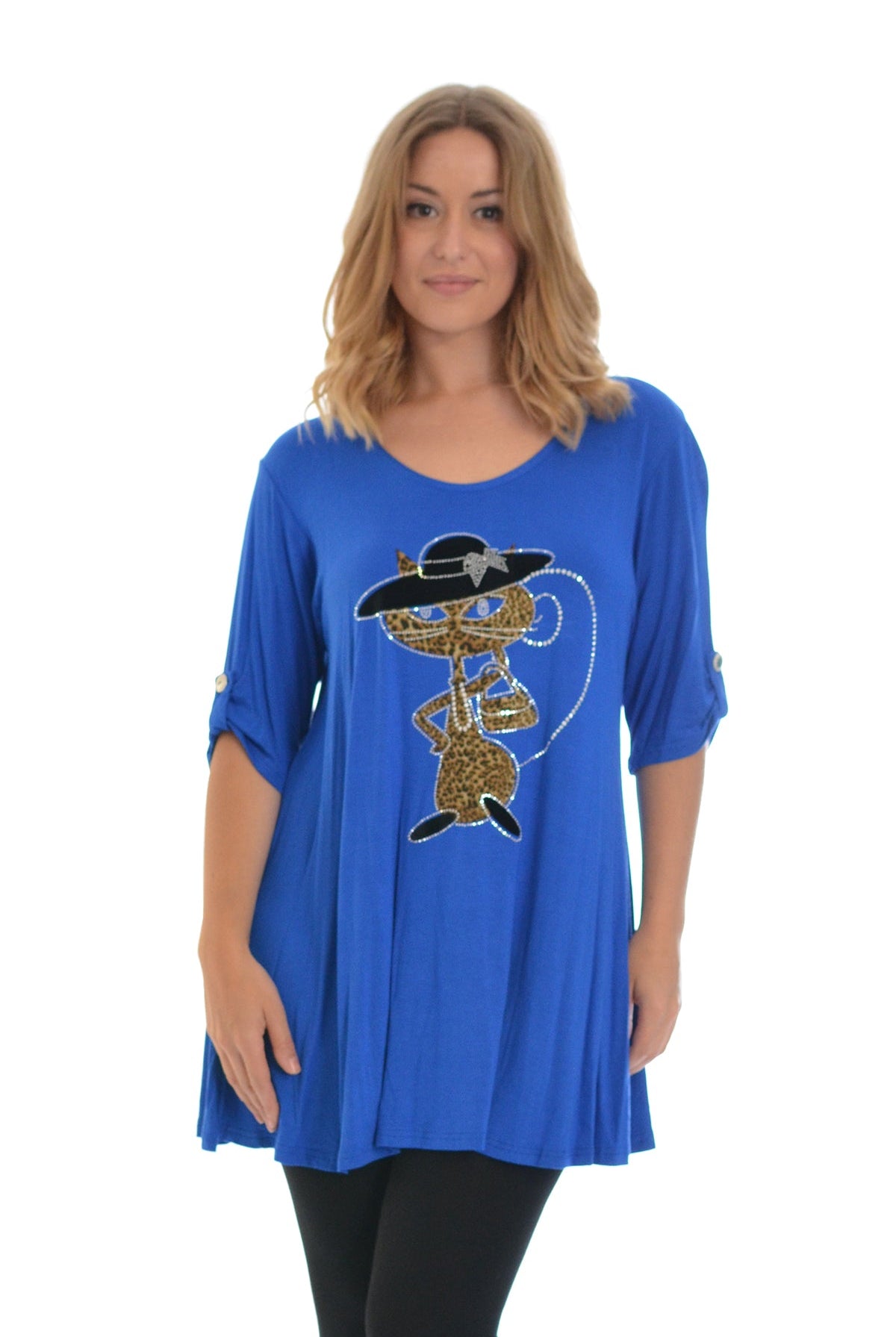 Cat Animal Print Short Sleeve Top Tops WearAll Royal Blue 14