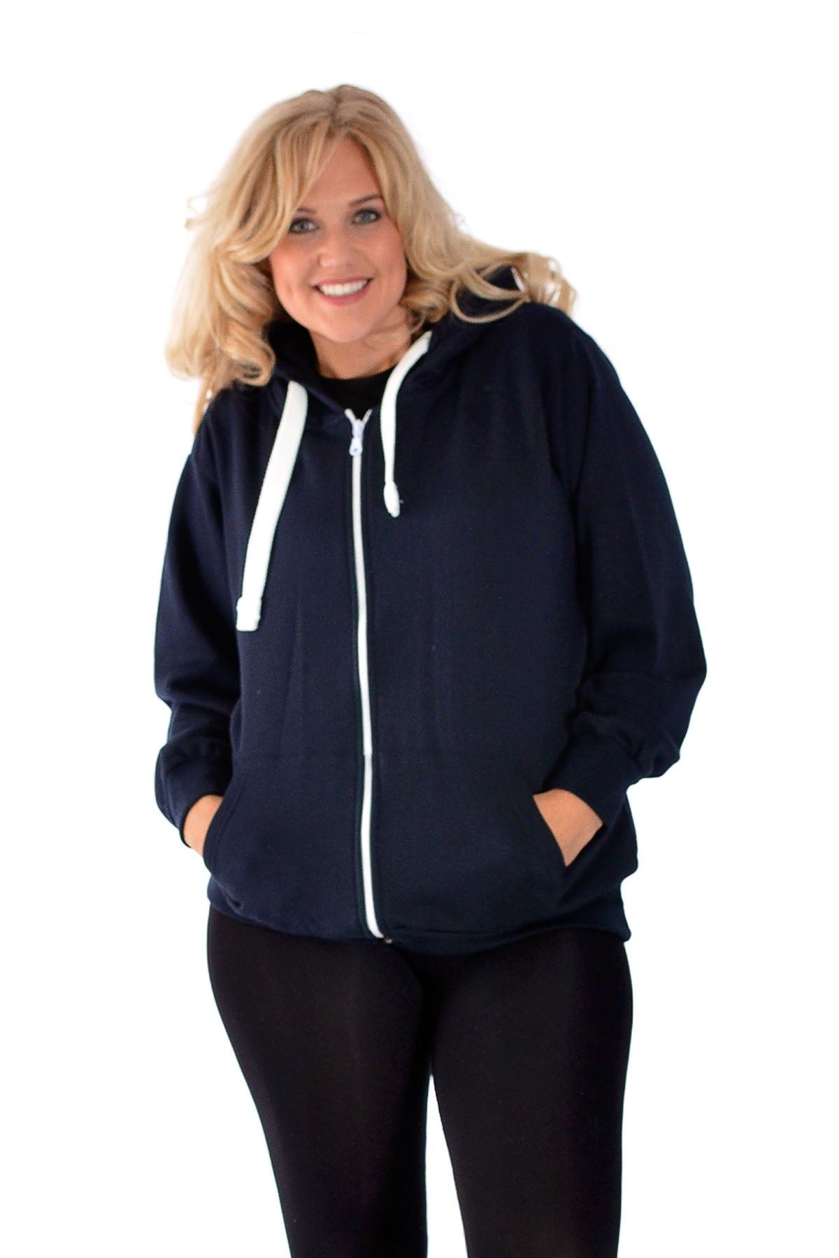 Plus Size Pocket Plain Zip Hoodie Tops WearAll Navy Blue 14