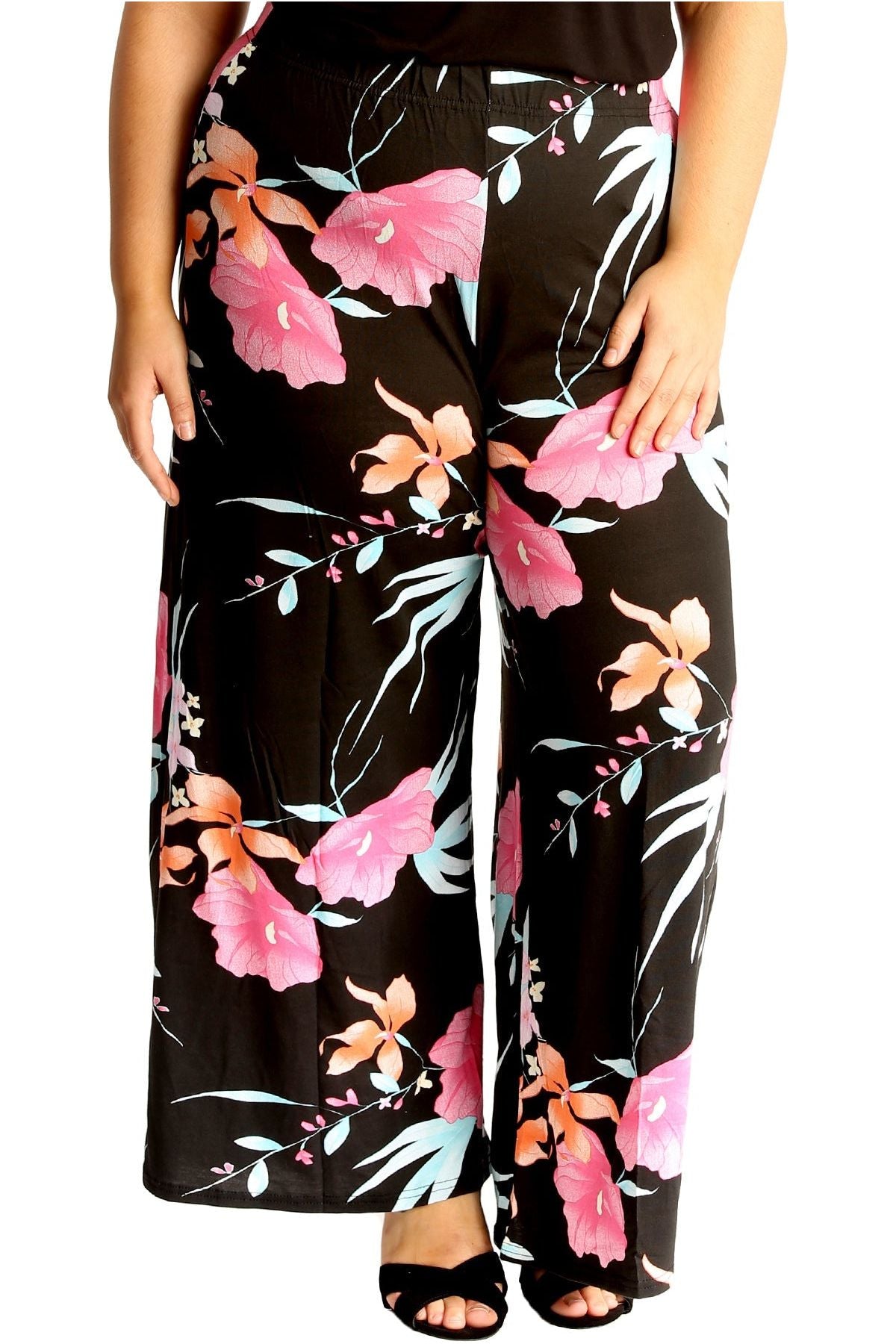 Plus Size Cerise Aqua Floral Print Palazzo Trouser Palazzo WearAll Black 16-18