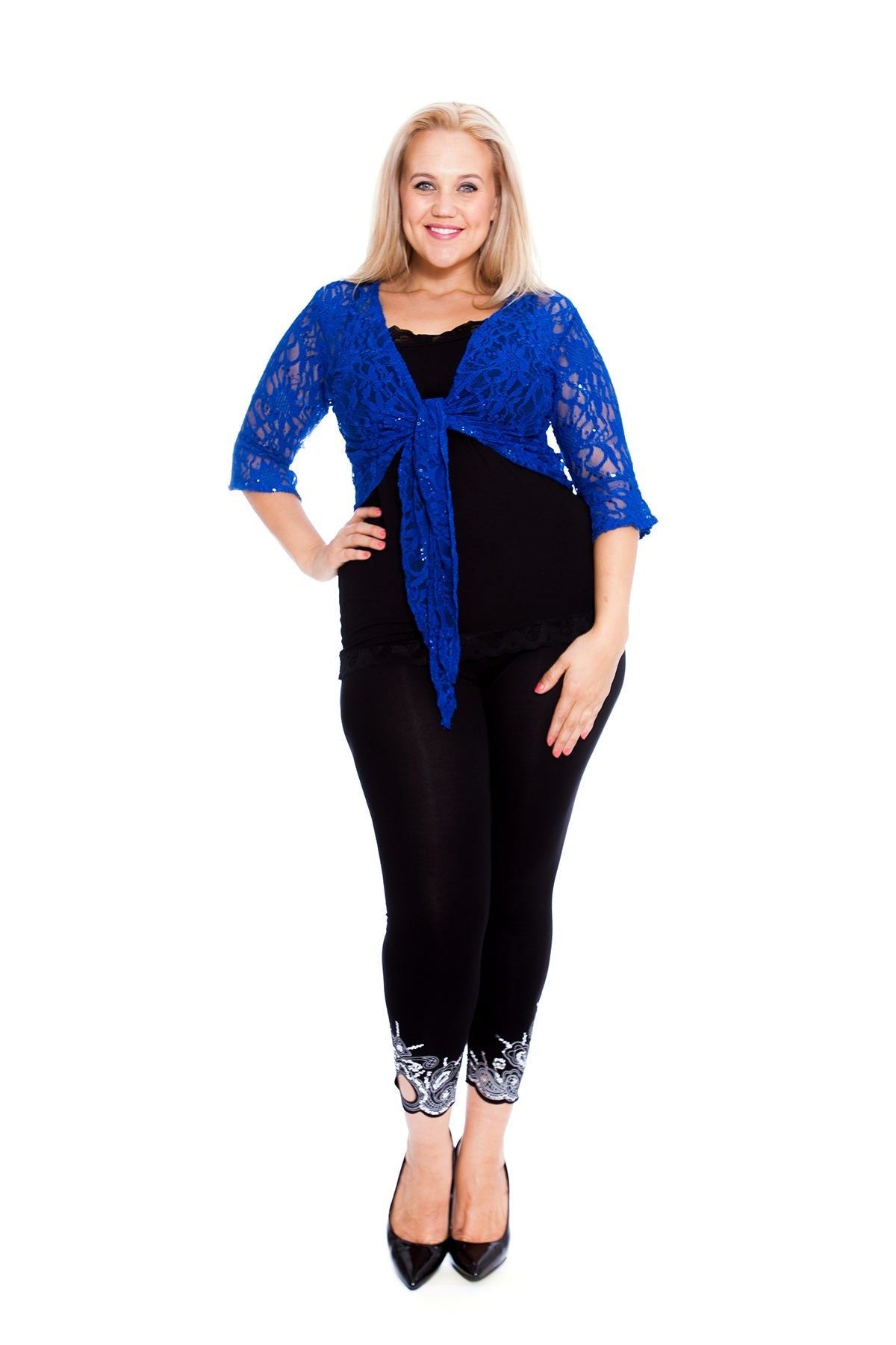 Plus SIze Sequin Lace Tie Up 3/4 Bell Crochet Top Tops WearAll