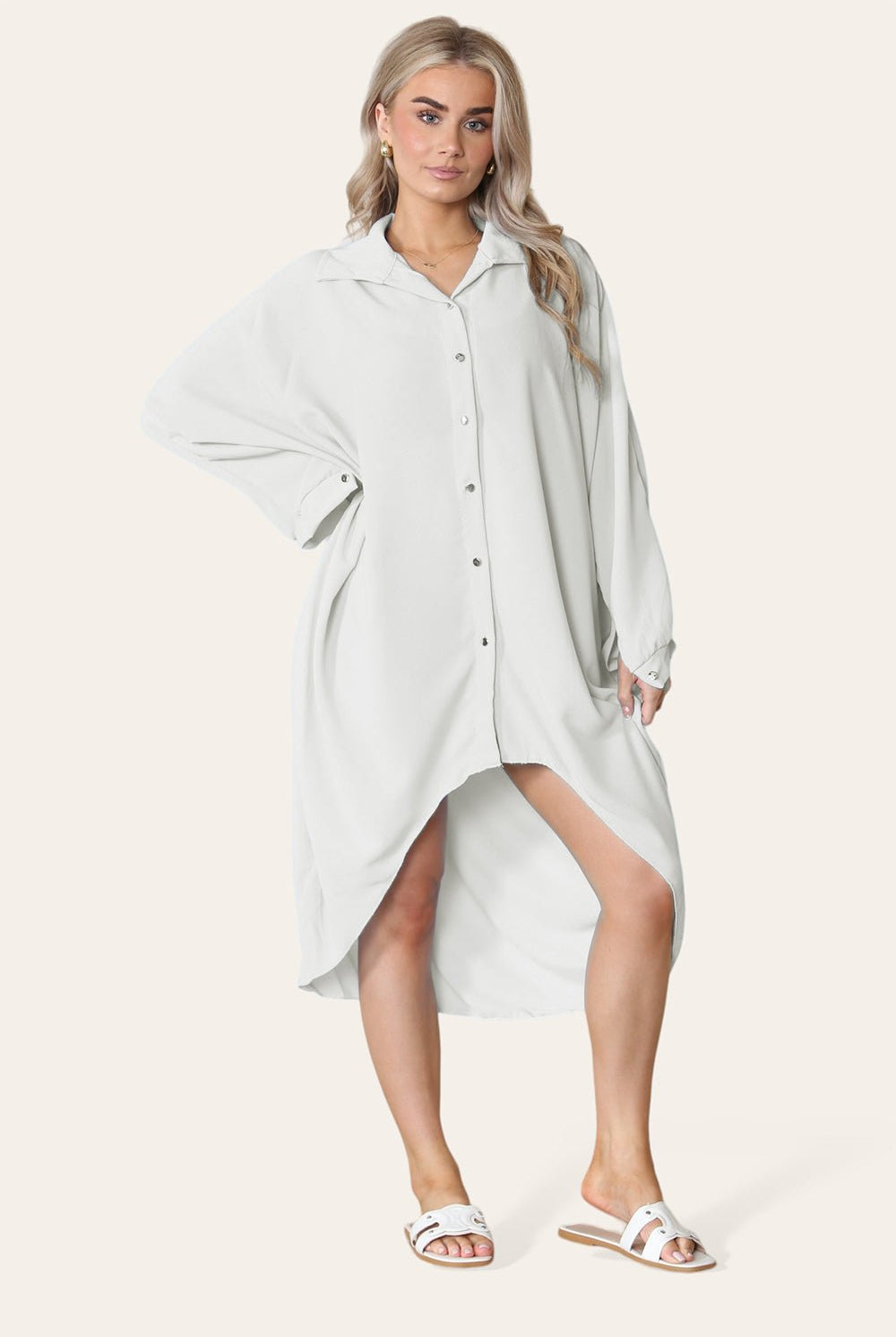 High-Low Oversized Button Long Top Shirt Dress with Hem and Long Sleeves Dress WearAll White/Cream One Size UK Fit (14 to 22)
