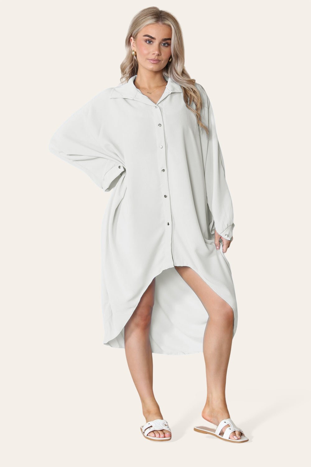 High-Low Oversized Button Long Top Shirt Dress with Hem and Long Sleeves Dress WearAll White/Cream One Size UK Fit (14 to 22)