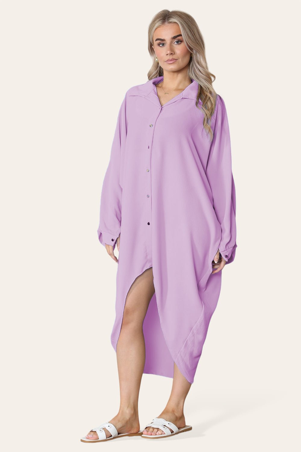 High-Low Oversized Button Long Top Shirt Dress with Hem and Long Sleeves Dress WearAll Lilac One Size UK Fit (14 to 22)