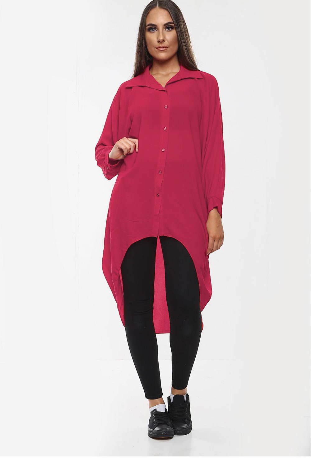 Plus Size Long Sleeve Hi Lo Button Collar Dress Dress WearAll Cerise 16-18