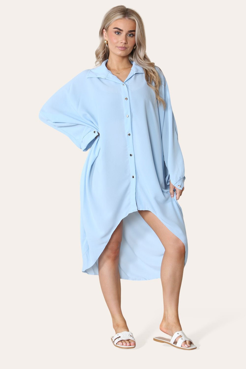 High-Low Oversized Button Long Top Shirt Dress with Hem and Long Sleeves Dress WearAll