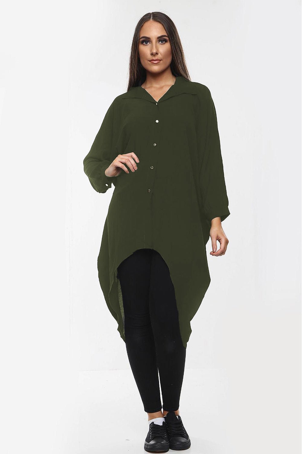 Plus Size Long Sleeve Hi Lo Button Collar Dress Dress WearAll Khaki Green 16-18