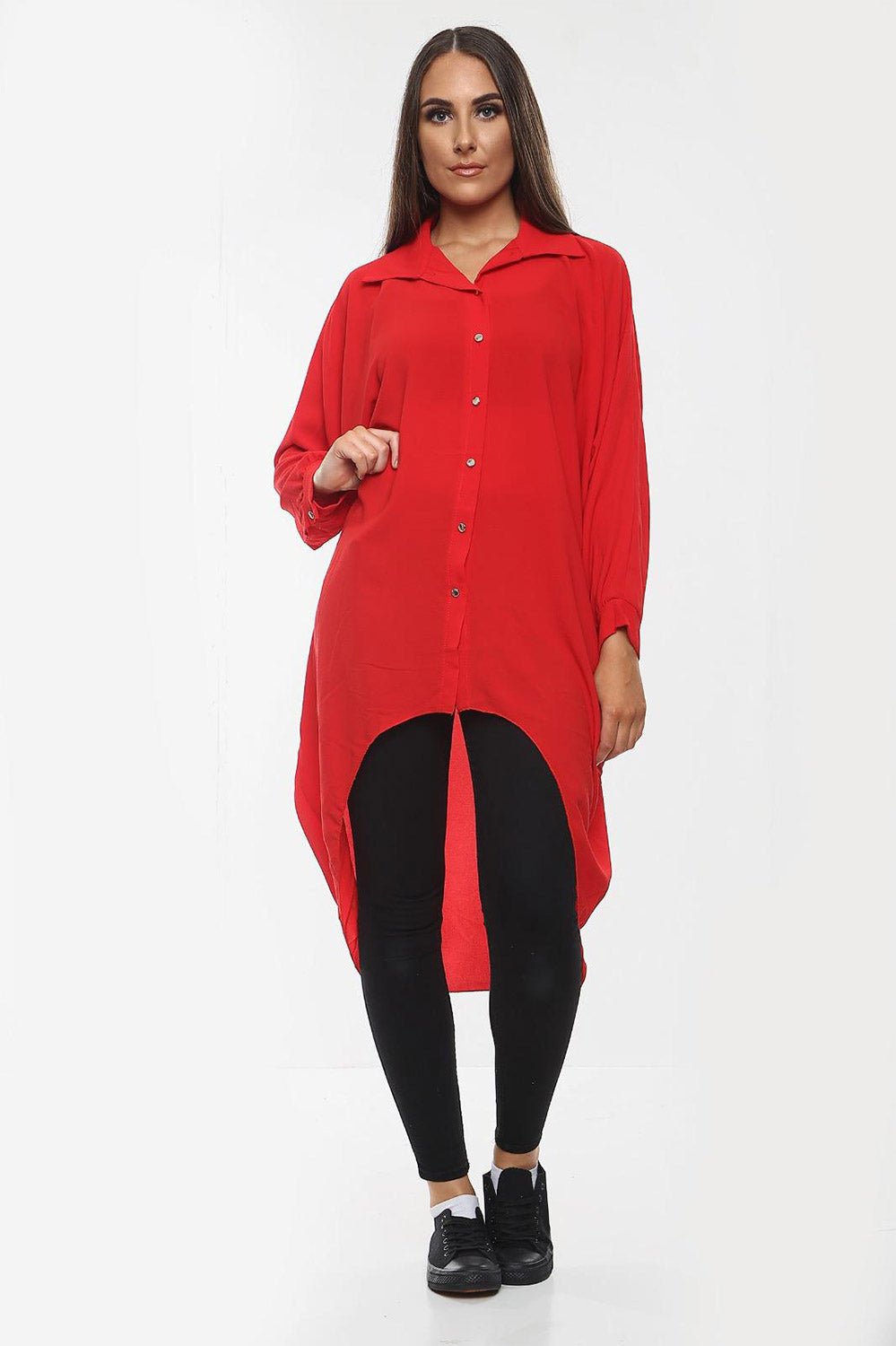 Plus Size Long Sleeve Hi Lo Button Collar Dress Dress WearAll Red 16-18
