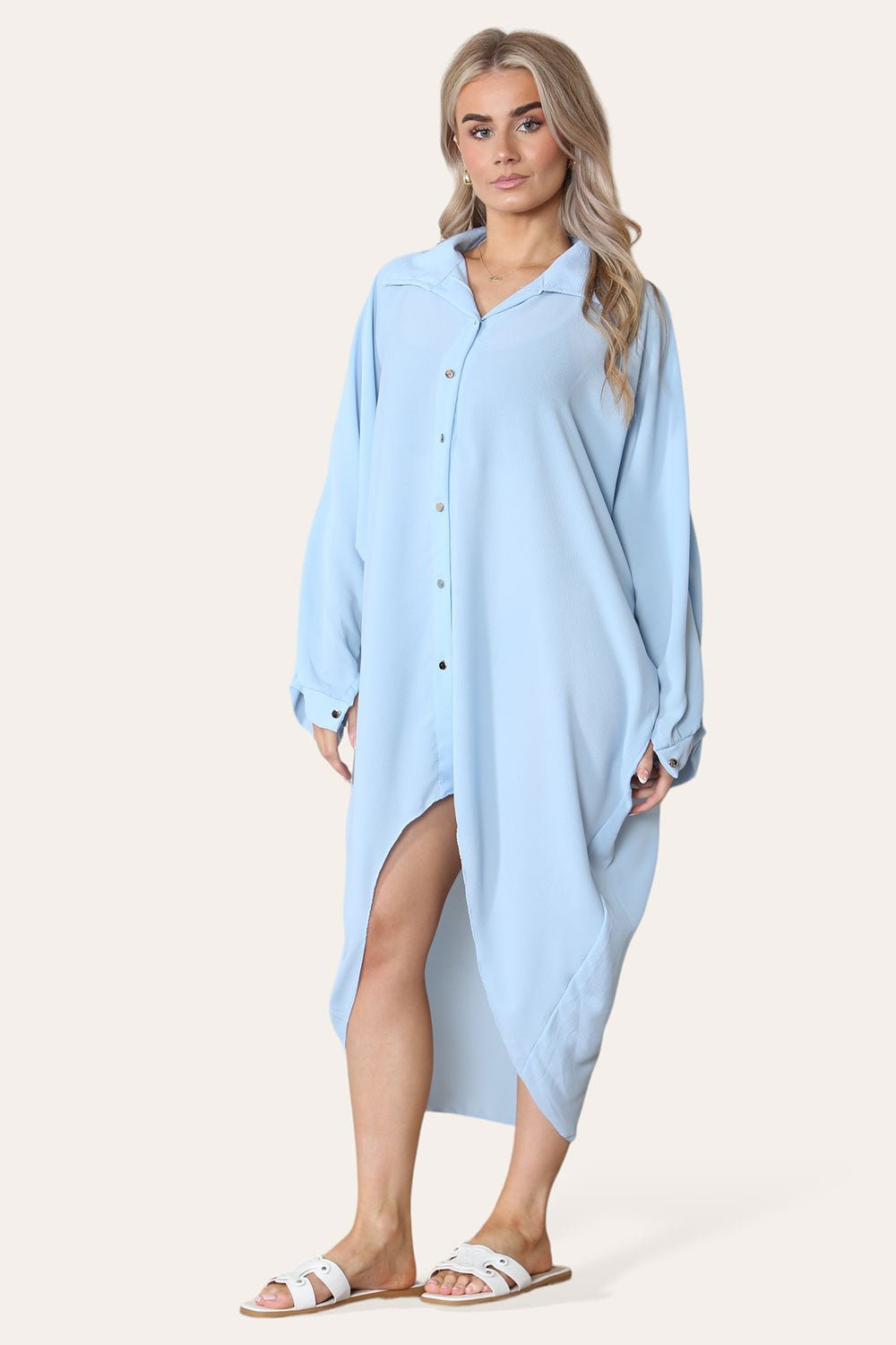 High-Low Oversized Button Long Top Shirt Dress with Hem and Long Sleeves Dress WearAll Sky Blue One Size UK Fit (14 to 22)
