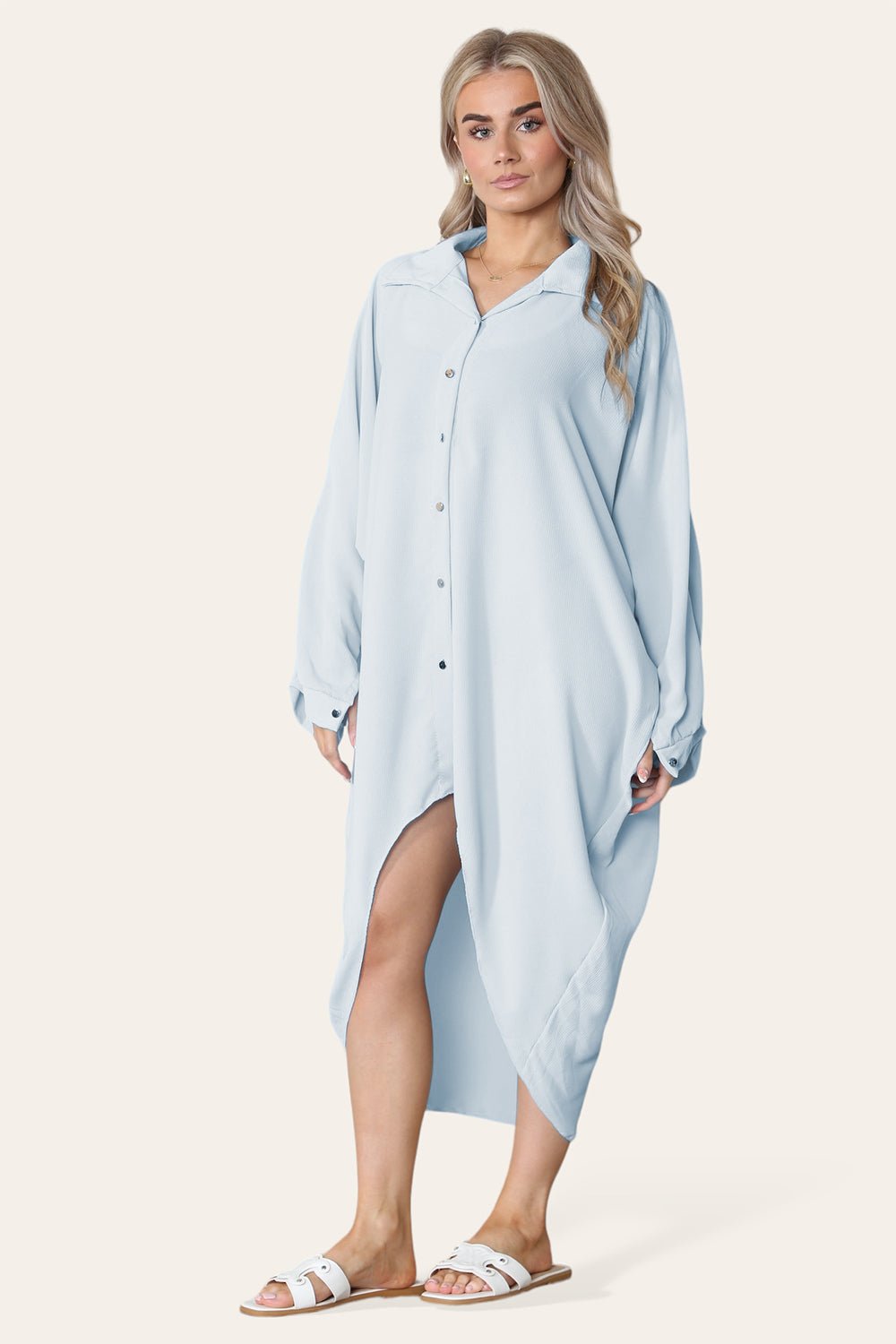 High-Low Oversized Button Long Top Shirt Dress with Hem and Long Sleeves Dress WearAll