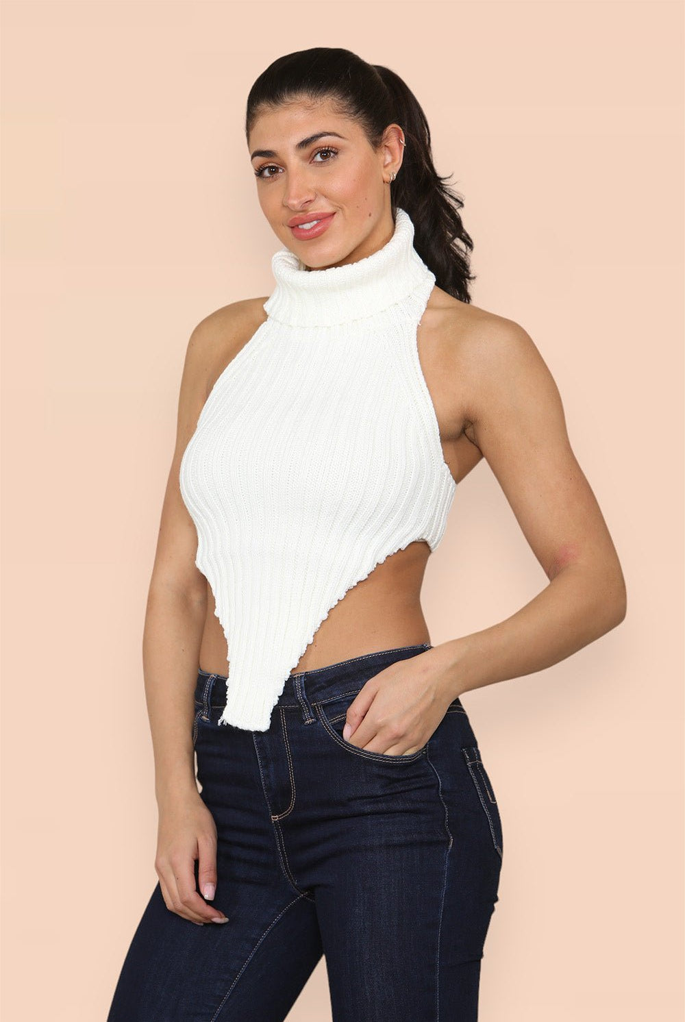 High Neck Roll Knitted Backless Front Cropped Top Top & Bodysuit WearAll