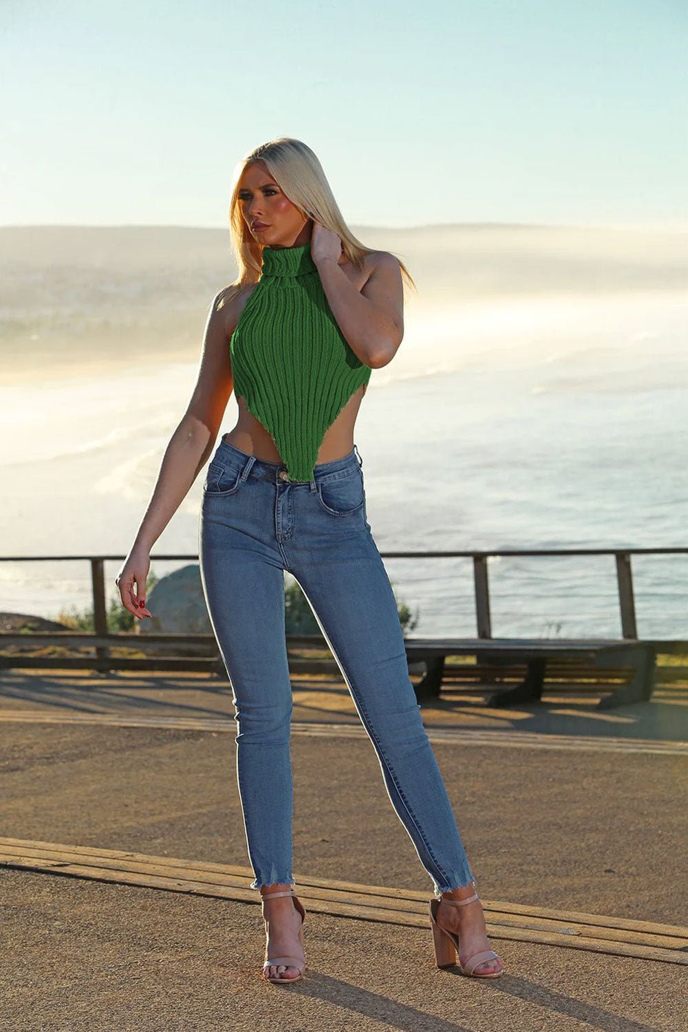 High Neck Roll Knitted Backless Front Cropped Top Top & Bodysuit WearAll Jade Green One Size (8-14)