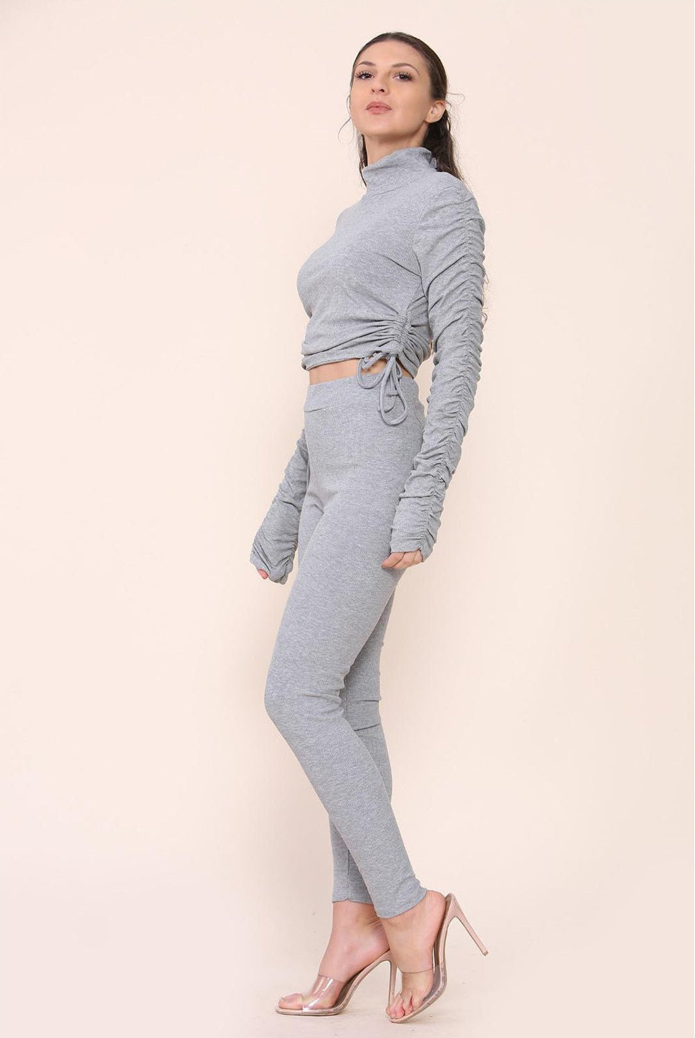 High Neck Ruched Side Arm Solid Drawstrings Ribbed Tee and Leggings set Top & Bodysuit WearAll