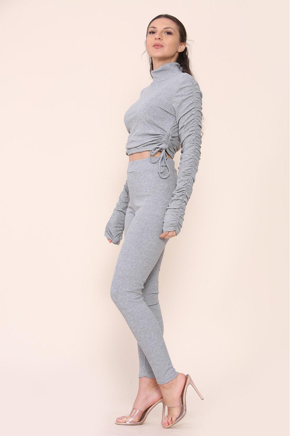 High Neck Ruched Side Arm Solid Drawstrings Ribbed Tee and Leggings set Top & Bodysuit WearAll