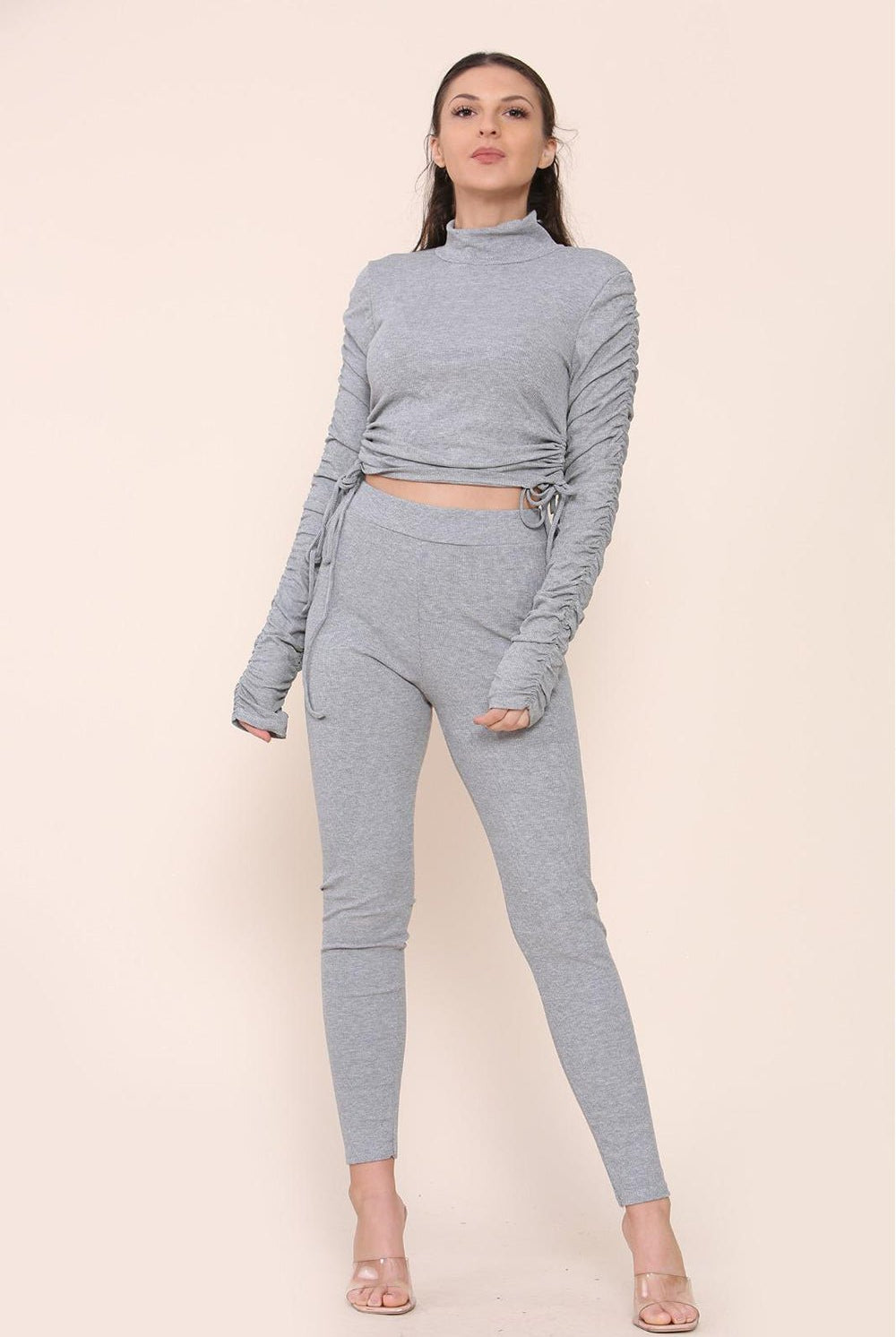 High Neck Ruched Side Arm Solid Drawstrings Ribbed Tee and Leggings set Top & Bodysuit WearAll