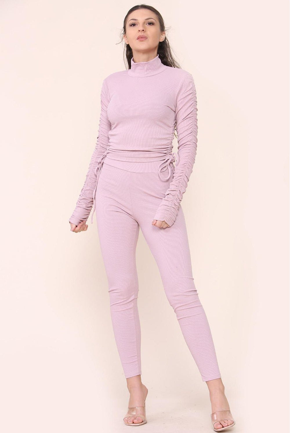 High Neck Ruched Side Arm Solid Drawstrings Ribbed Tee and Leggings set Top & Bodysuit WearAll Dusty Pink S/M