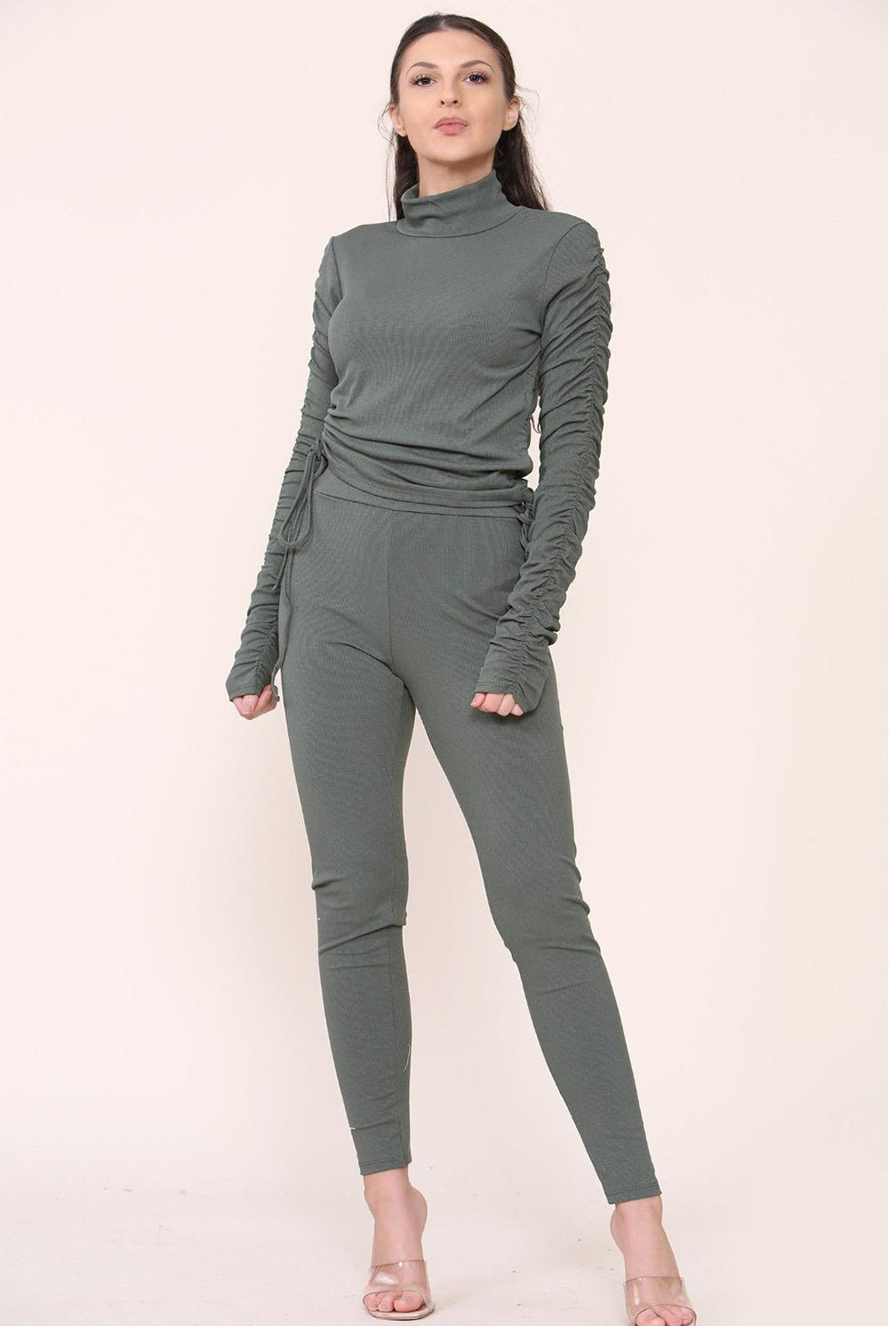 High Neck Ruched Side Arm Solid Drawstrings Ribbed Tee and Leggings set Top & Bodysuit WearAll Khaki S/M