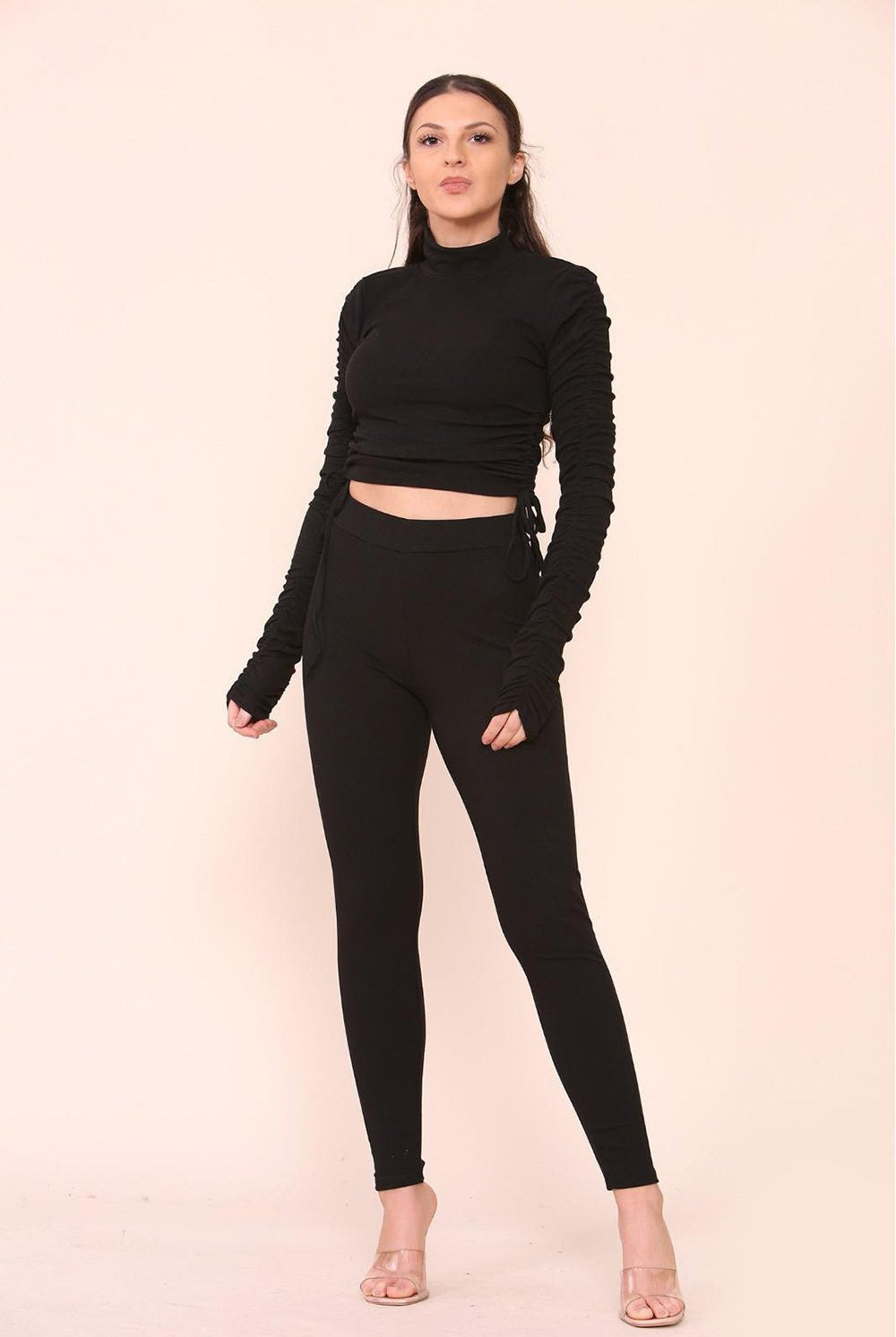 High Neck Ruched Side Arm Solid Drawstrings Ribbed Tee and Leggings set Top & Bodysuit WearAll Black S/M